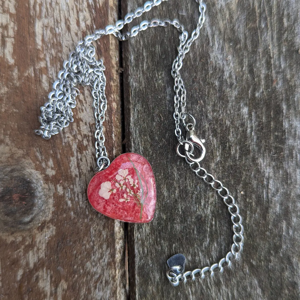 Spring Ephemerals - Pink Heart Shaped Pendant Necklace - Resin, Stainless Steel, Dried Flowers - Gift
