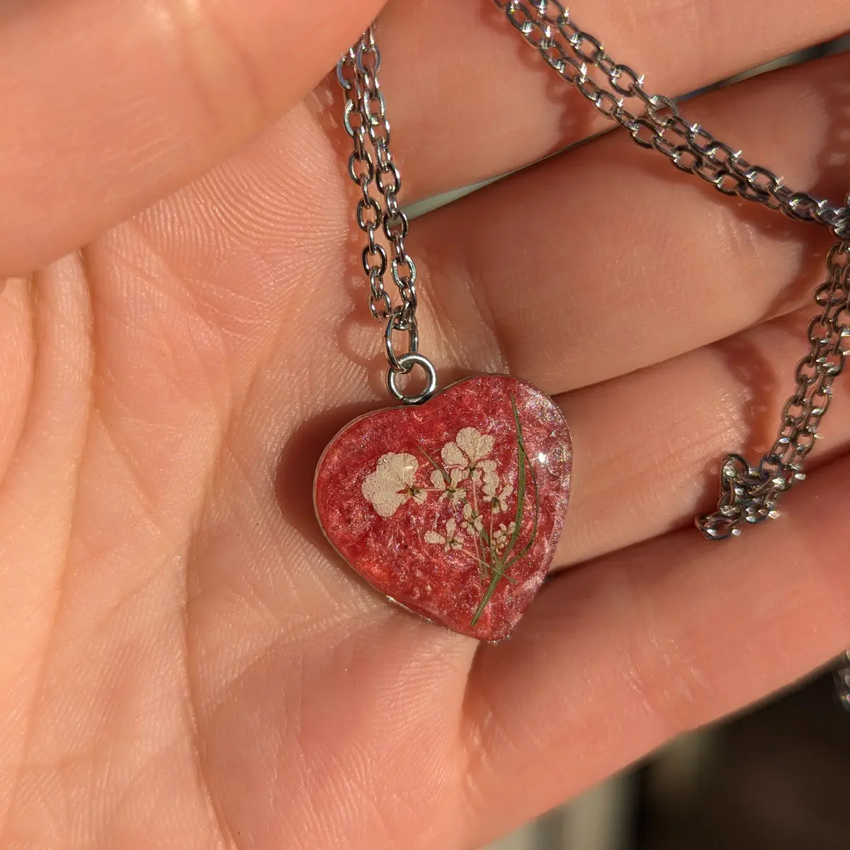 Spring Ephemerals - Pink Heart Shaped Pendant Necklace - Resin, Stainless Steel, Dried Flowers - Gift
