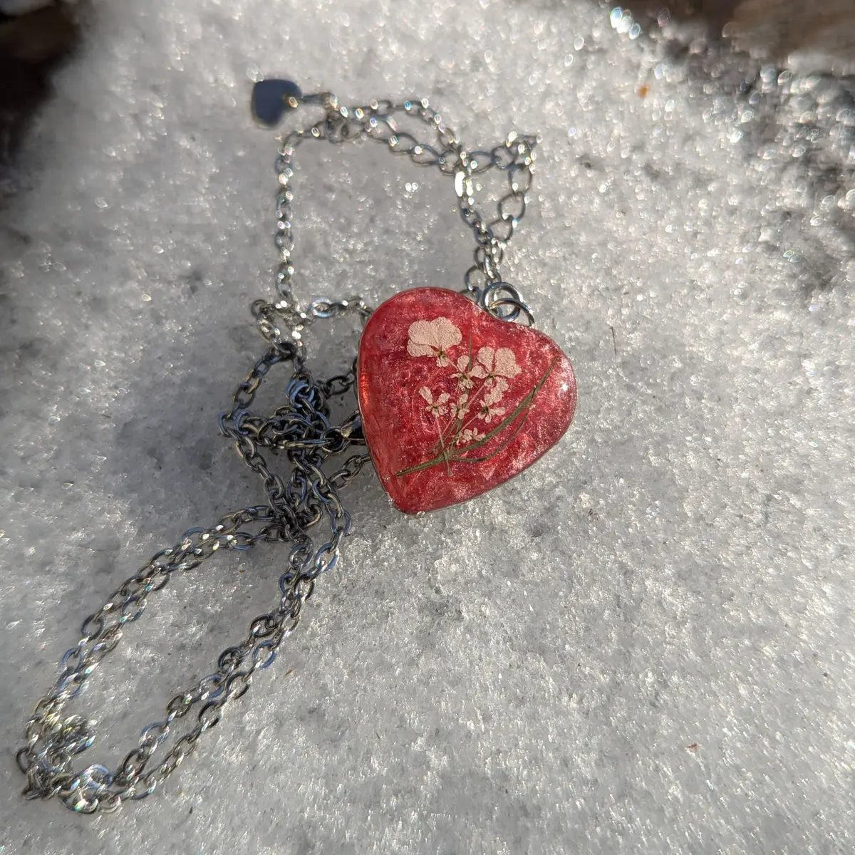Spring Ephemerals - Pink Heart Shaped Pendant Necklace - Resin, Stainless Steel, Dried Flowers - Gift
