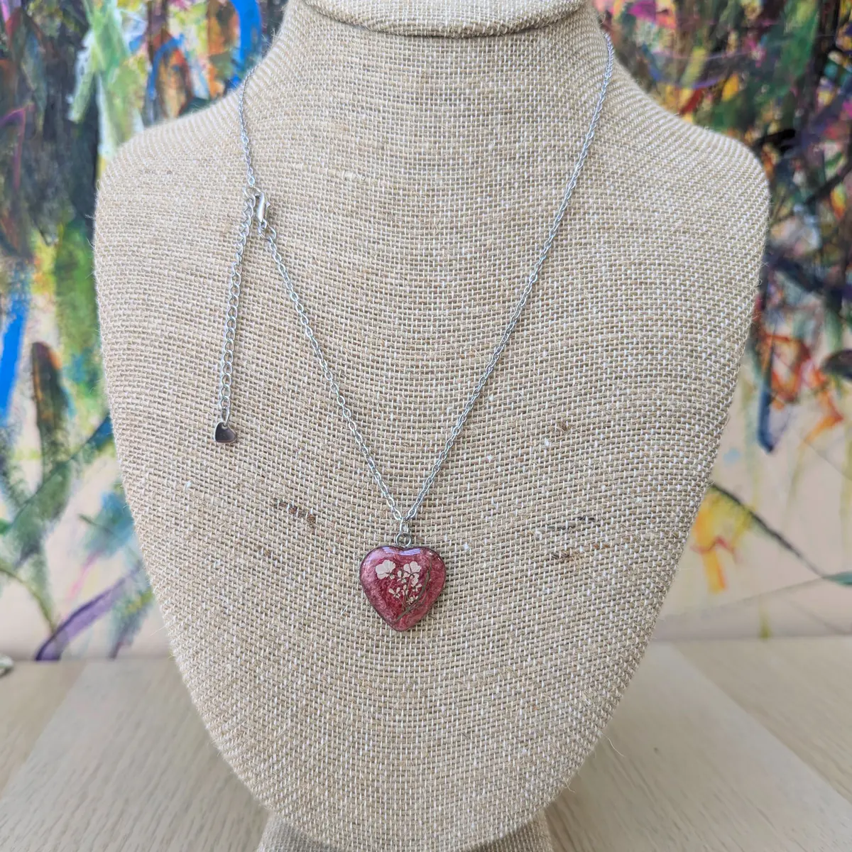 Spring Ephemerals - Pink Heart Shaped Pendant Necklace - Resin, Stainless Steel, Dried Flowers - Gift