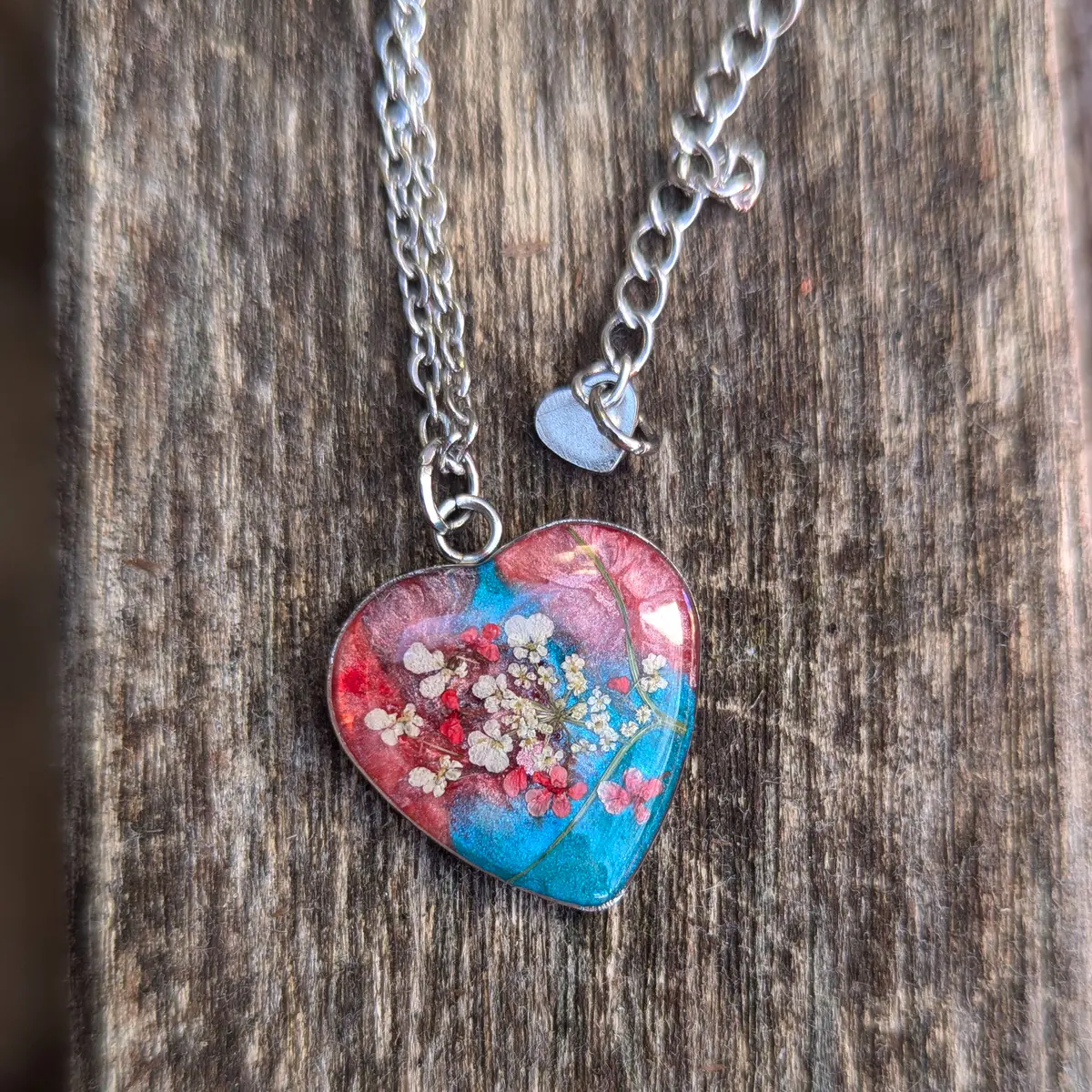 Spring Ephemerals - Turquoise and Pink Heart Shaped Pendant Necklace - Resin, Stainless Steel, Dried Flowers - Gift  