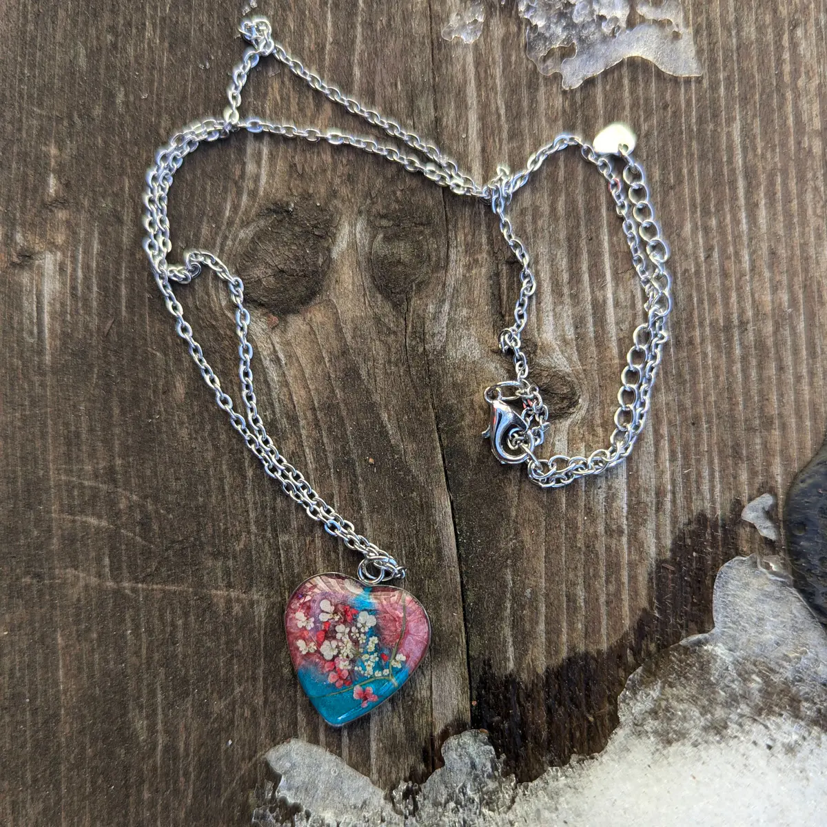 Spring Ephemerals - Turquoise and Pink Heart Shaped Pendant Necklace - Resin, Stainless Steel, Dried Flowers - Gift  