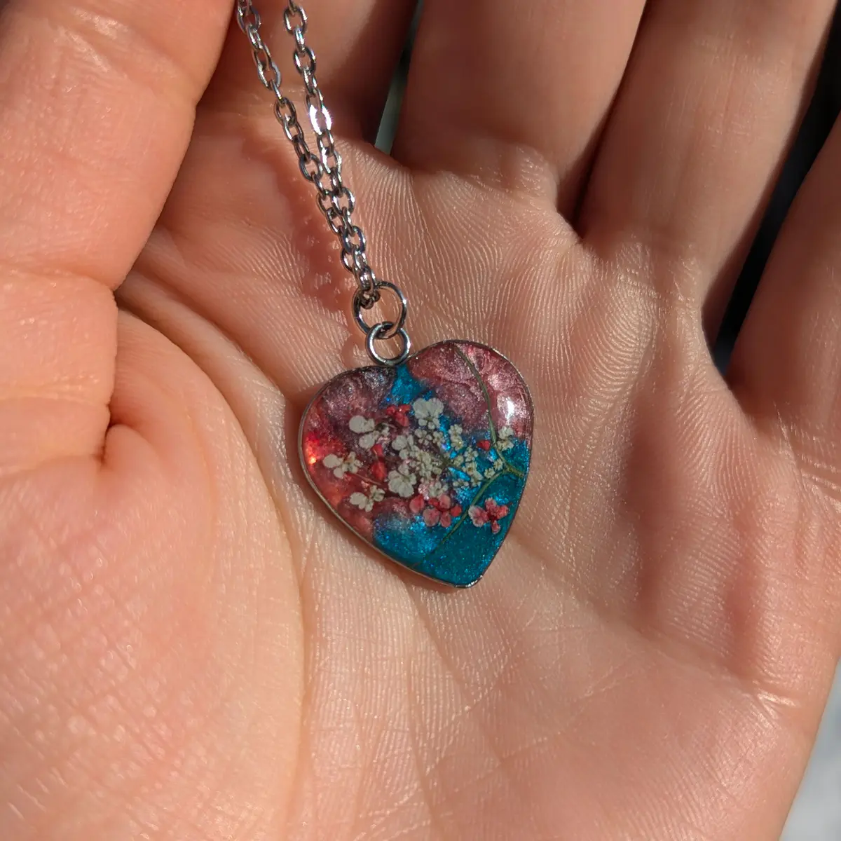 Spring Ephemerals - Turquoise and Pink Heart Shaped Pendant Necklace - Resin, Stainless Steel, Dried Flowers - Gift  