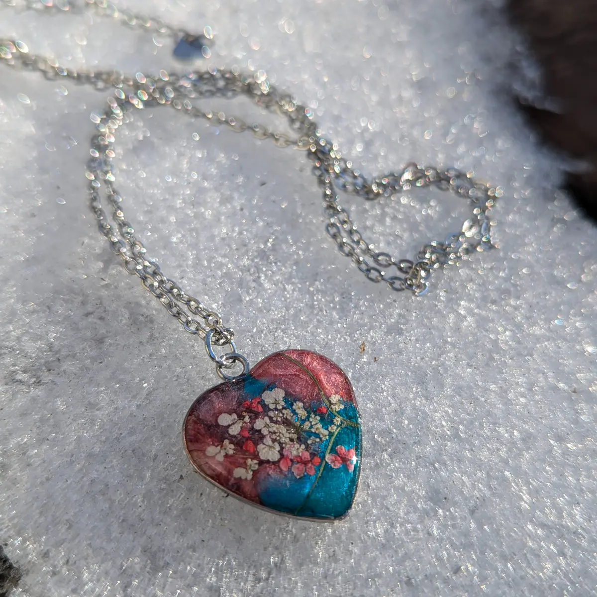 Spring Ephemerals - Turquoise and Pink Heart Shaped Pendant Necklace - Resin, Stainless Steel, Dried Flowers - Gift  