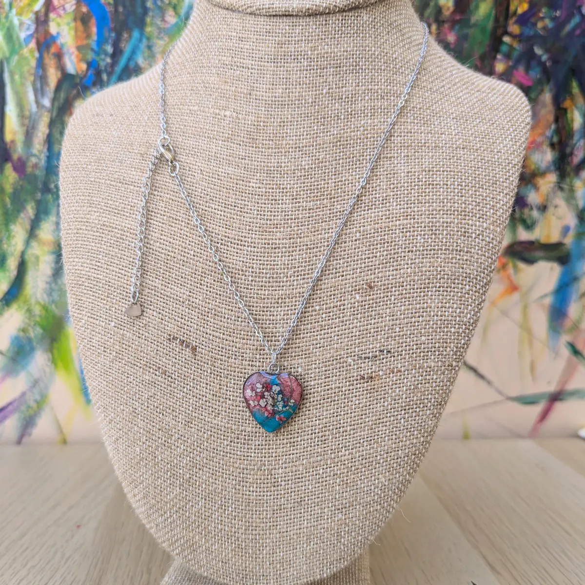 Spring Ephemerals - Turquoise and Pink Heart Shaped Pendant Necklace - Resin, Stainless Steel, Dried Flowers - Gift  