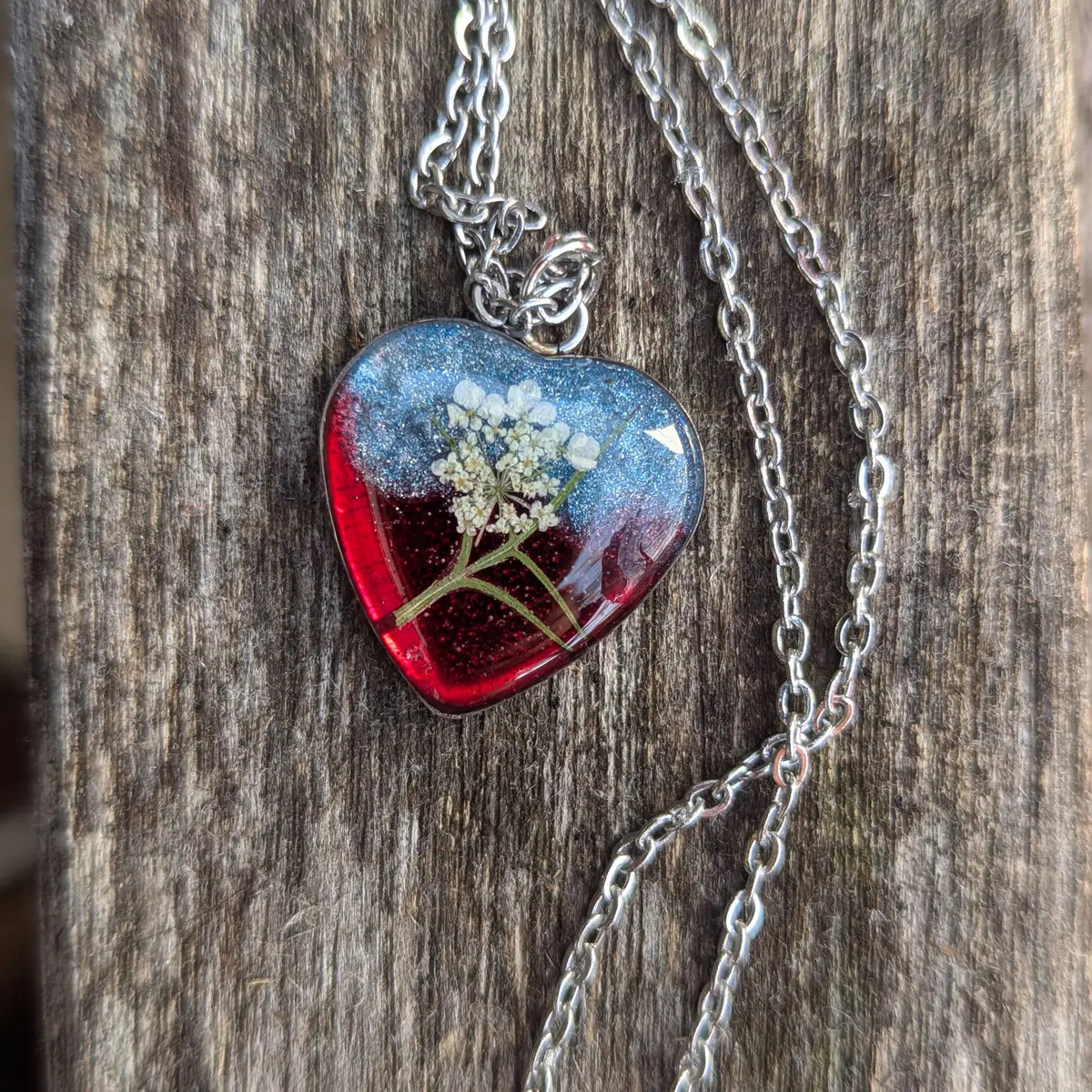 Spring Ephemerals - Red and Blue Heart Shaped Pendant Necklace - Resin, Stainless Steel, Dried Flowers - Gift  