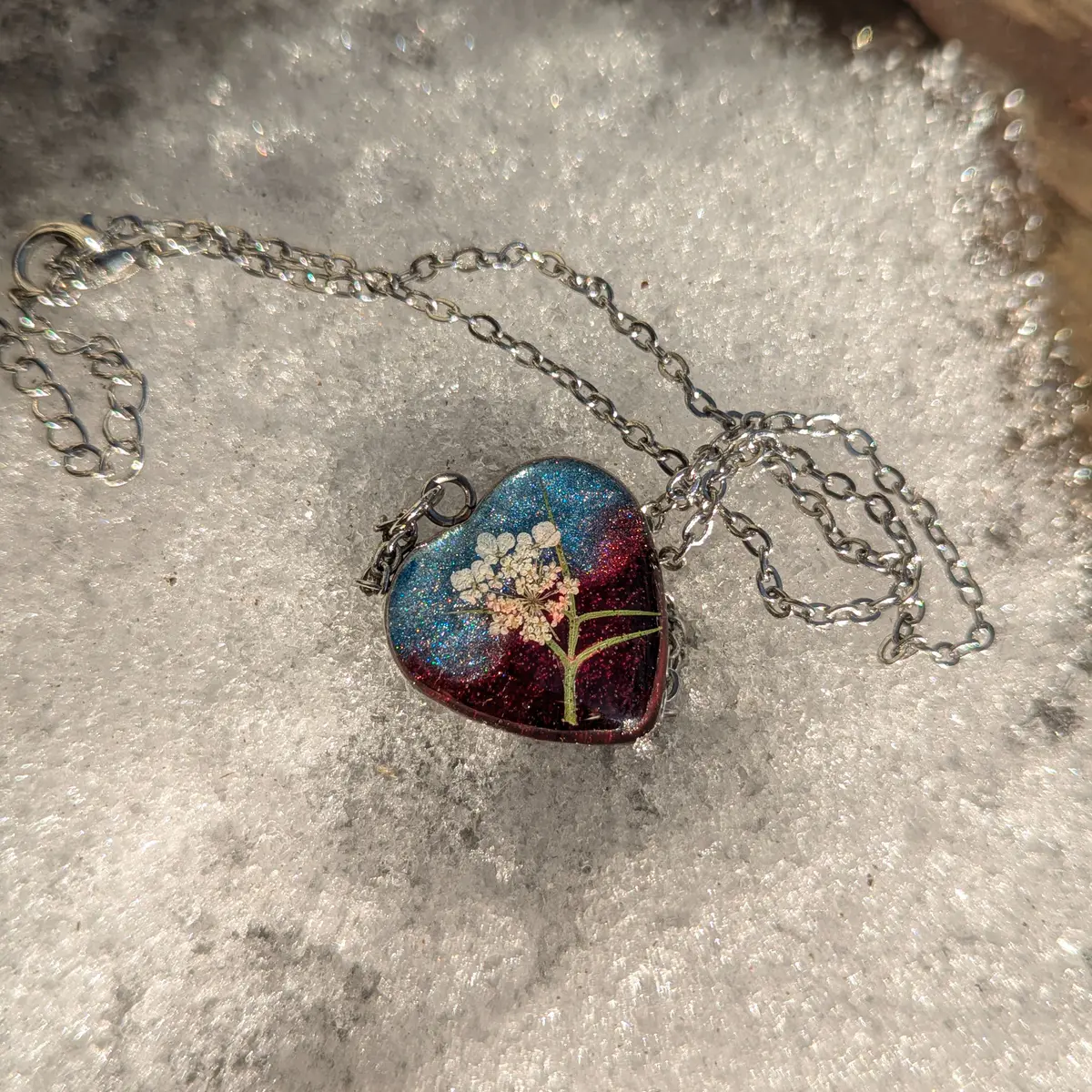 Spring Ephemerals - Red and Blue Heart Shaped Pendant Necklace - Resin, Stainless Steel, Dried Flowers - Gift  