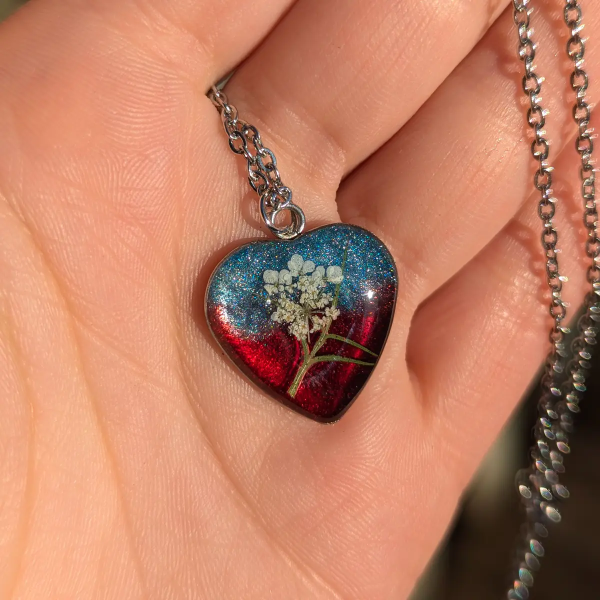 Spring Ephemerals - Red and Blue Heart Shaped Pendant Necklace - Resin, Stainless Steel, Dried Flowers - Gift  
