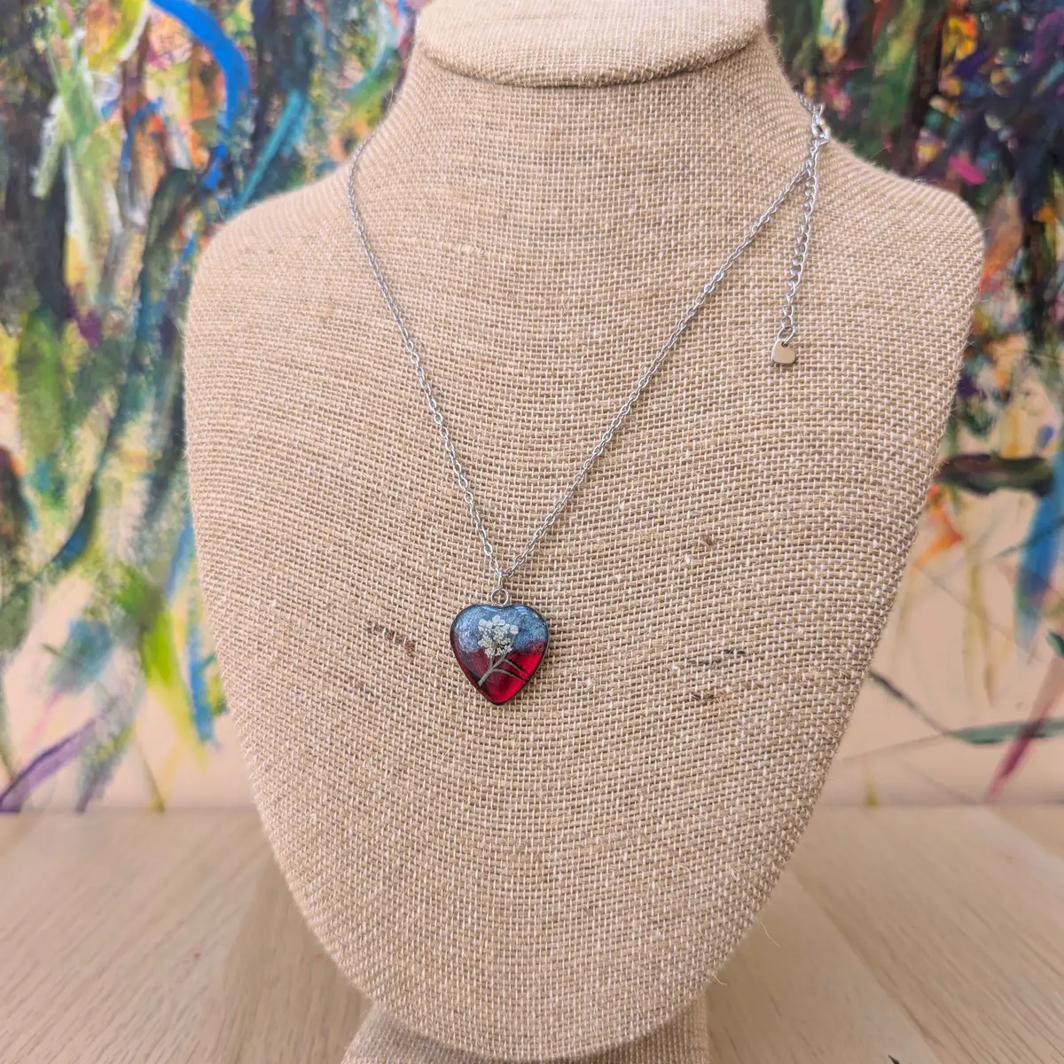 Spring Ephemerals - Red and Blue Heart Shaped Pendant Necklace - Resin, Stainless Steel, Dried Flowers - Gift  