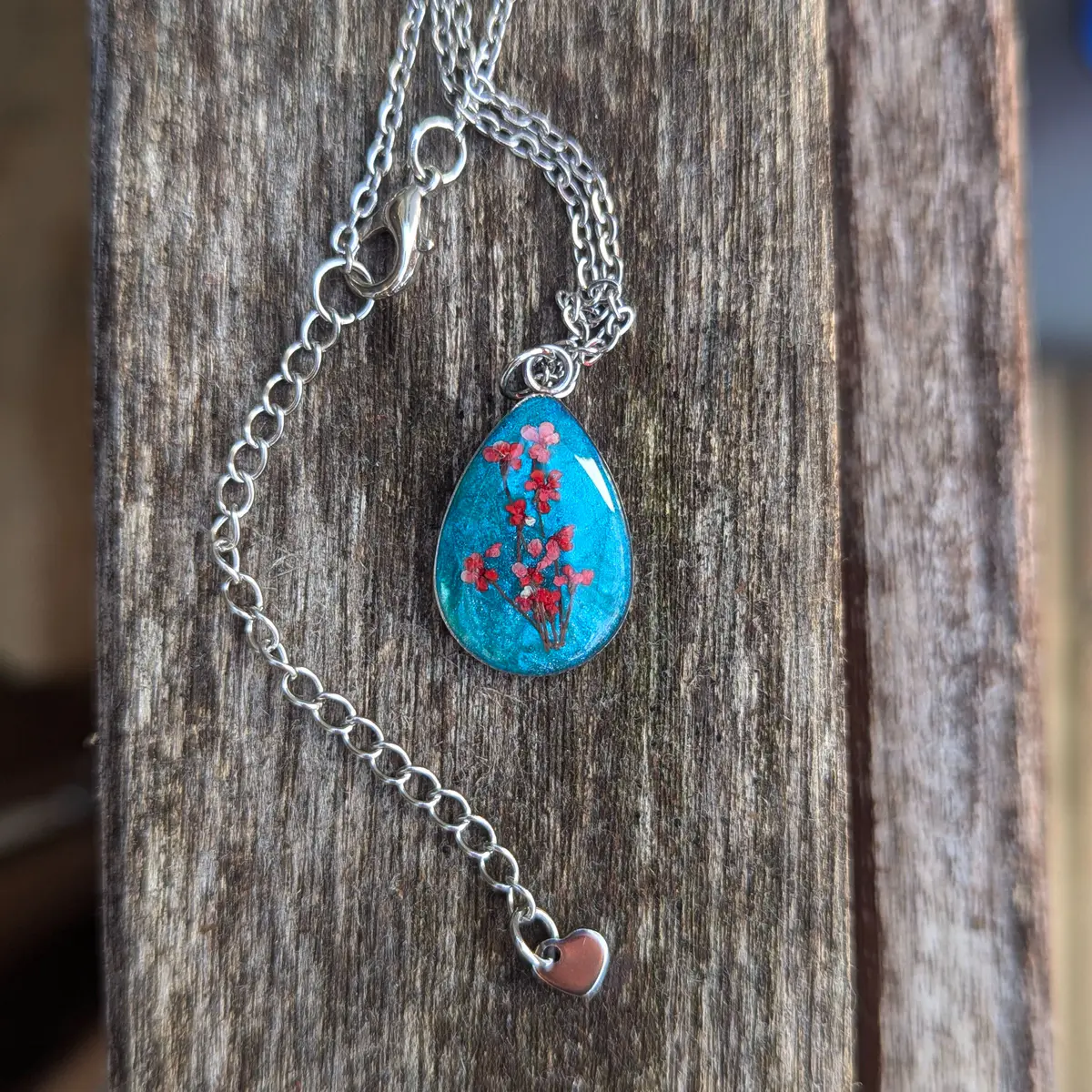 Spring Ephemerals - Turquoise Drop Shaped Pendant Necklace - Resin, Stainless Steel, Dried Flowers - Gift