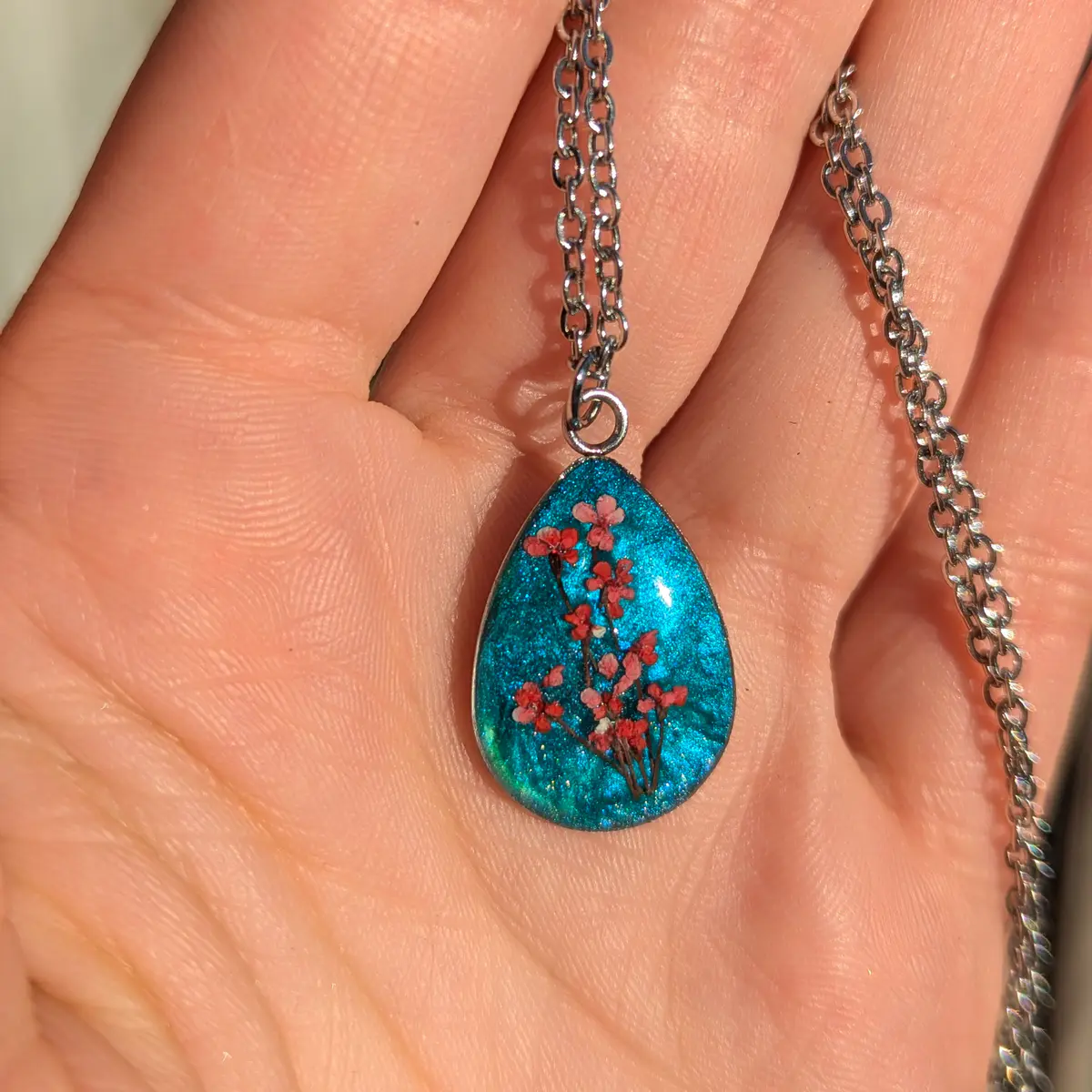 Spring Ephemerals - Turquoise Drop Shaped Pendant Necklace - Resin, Stainless Steel, Dried Flowers - Gift