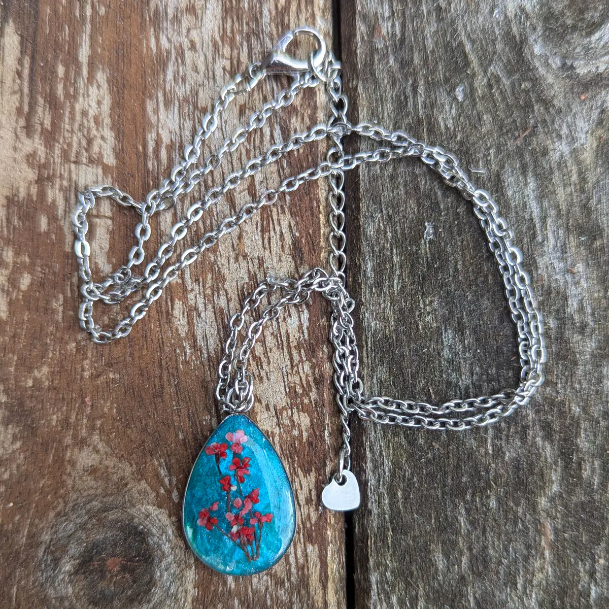 Spring Ephemerals - Turquoise Drop Shaped Pendant Necklace - Resin, Stainless Steel, Dried Flowers - Gift