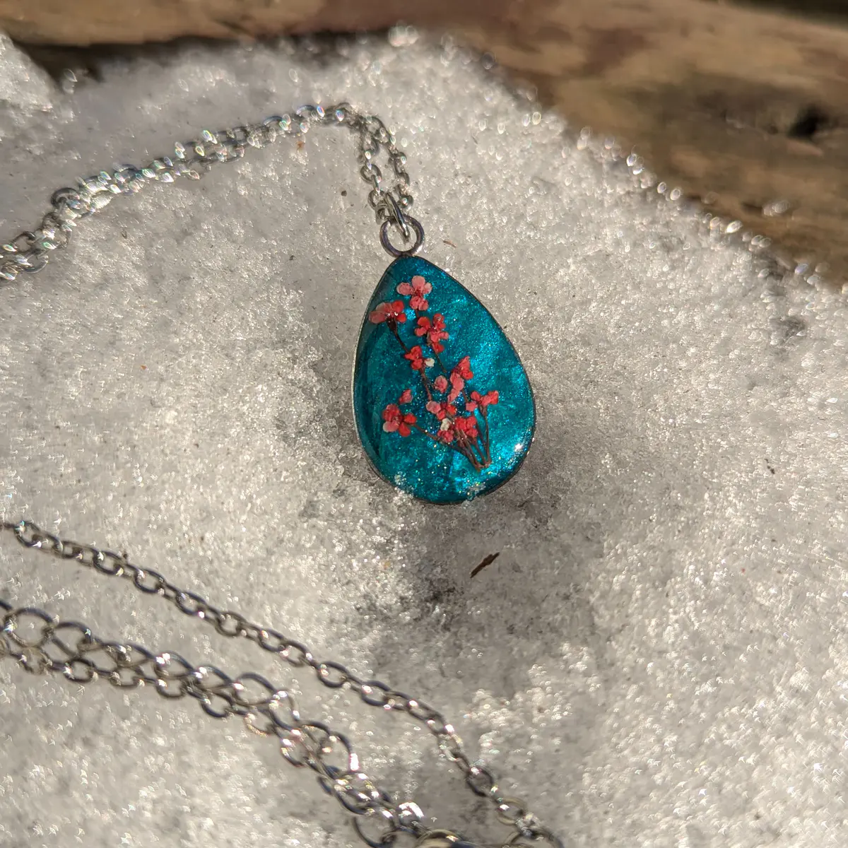 Spring Ephemerals - Turquoise Drop Shaped Pendant Necklace - Resin, Stainless Steel, Dried Flowers - Gift