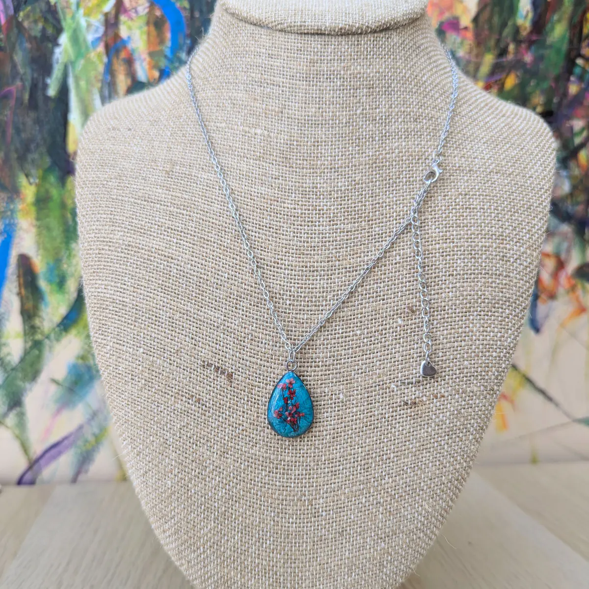 Spring Ephemerals - Turquoise Drop Shaped Pendant Necklace - Resin, Stainless Steel, Dried Flowers - Gift