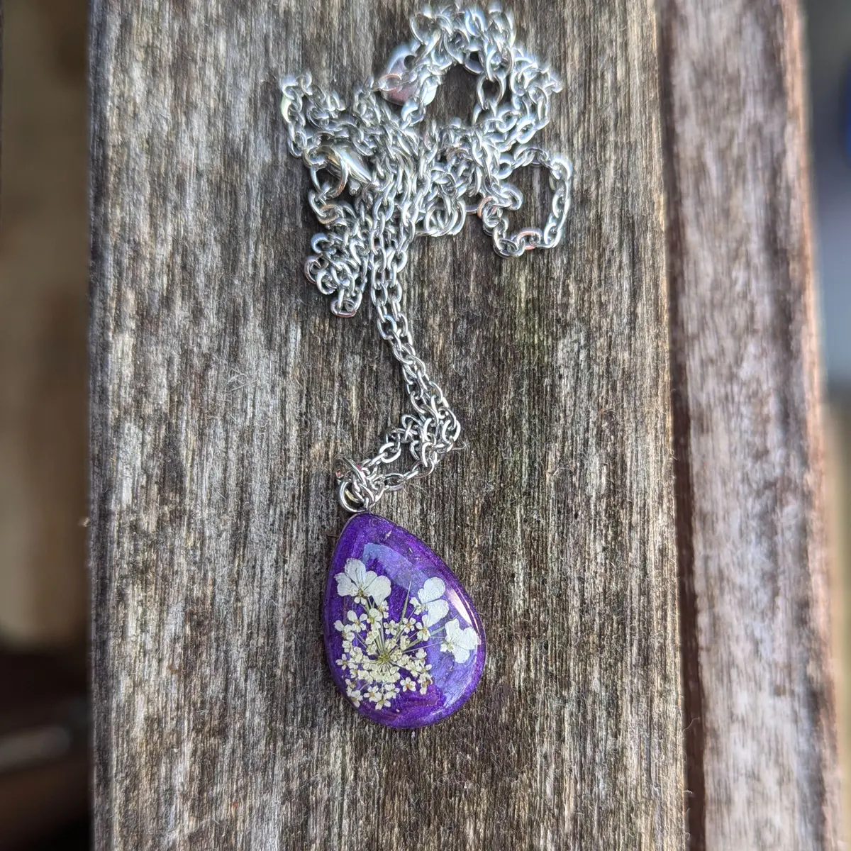 Spring Ephemerals - Purple Drop Shaped Pendant Necklace - Resin, Stainless Steel, Dried Flowers - Gift
