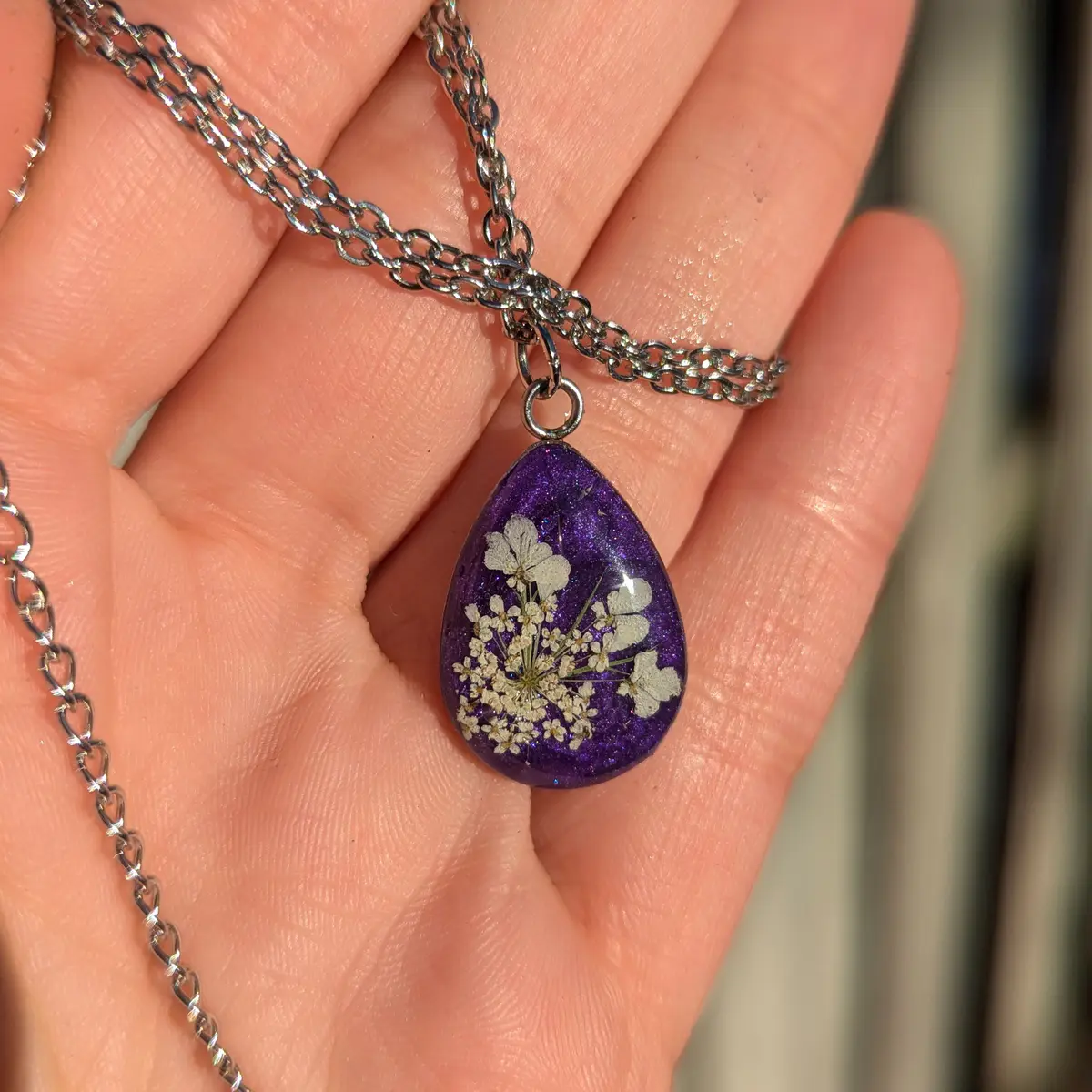 Spring Ephemerals - Purple Drop Shaped Pendant Necklace - Resin, Stainless Steel, Dried Flowers - Gift