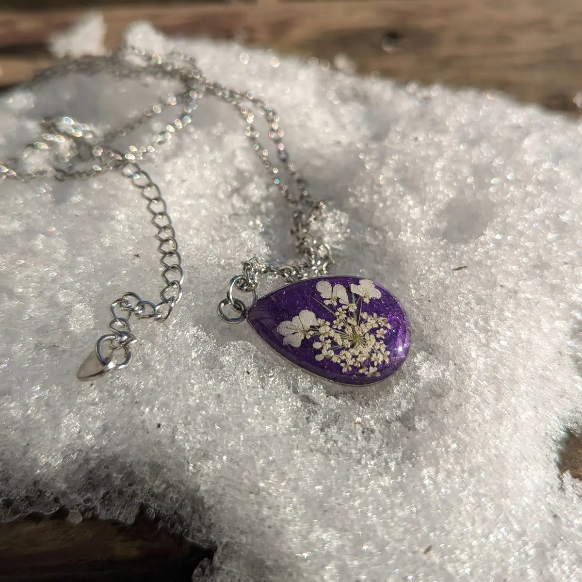 Spring Ephemerals - Purple Drop Shaped Pendant Necklace - Resin, Stainless Steel, Dried Flowers - Gift