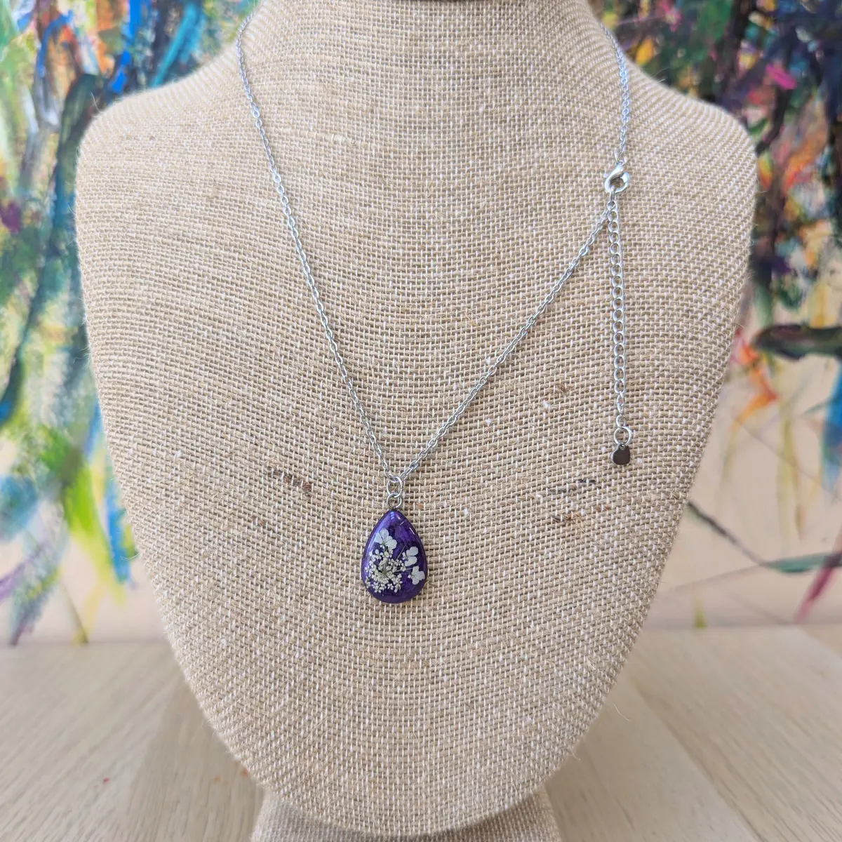 Spring Ephemerals - Purple Drop Shaped Pendant Necklace - Resin, Stainless Steel, Dried Flowers - Gift