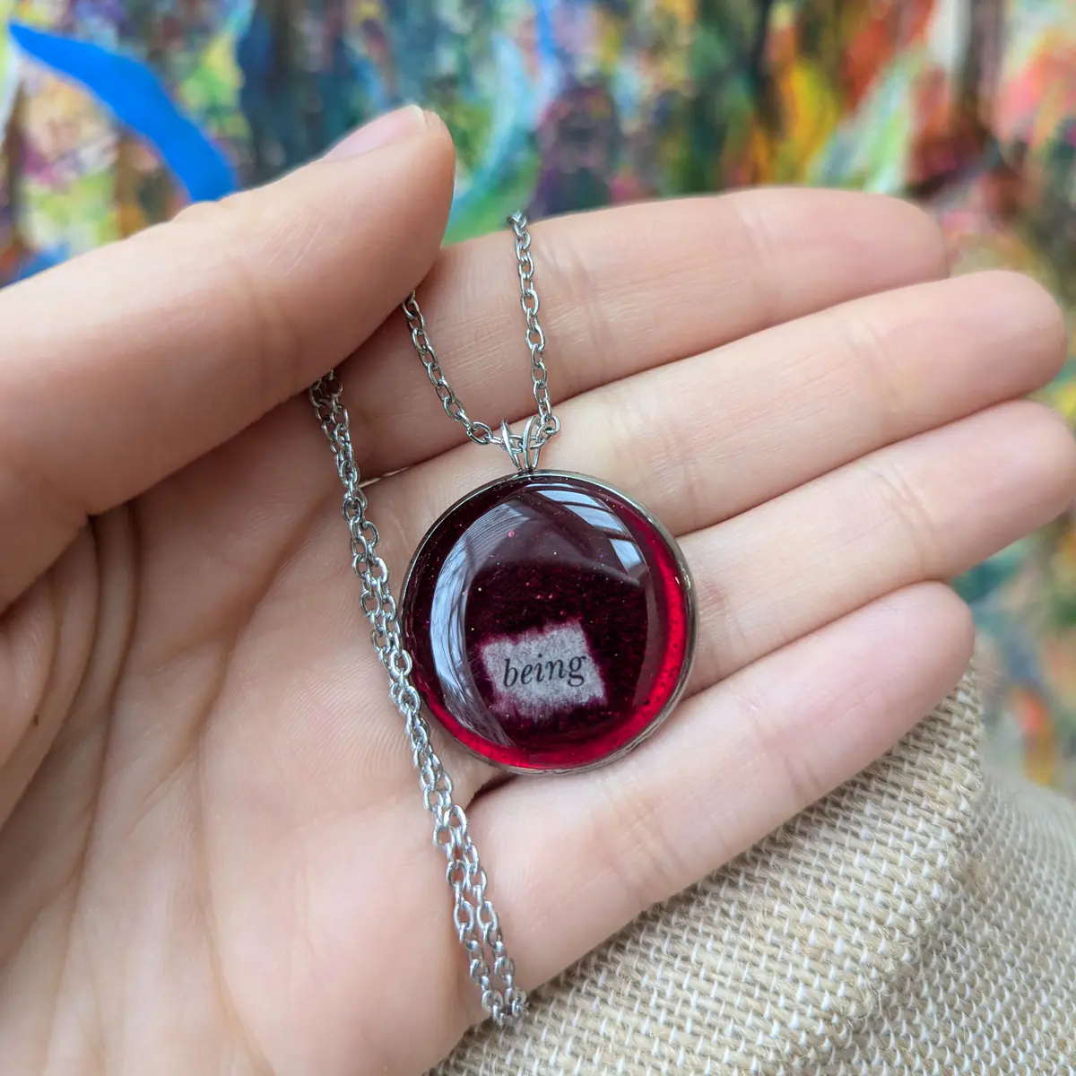 Resin stainless steel pendant necklace red