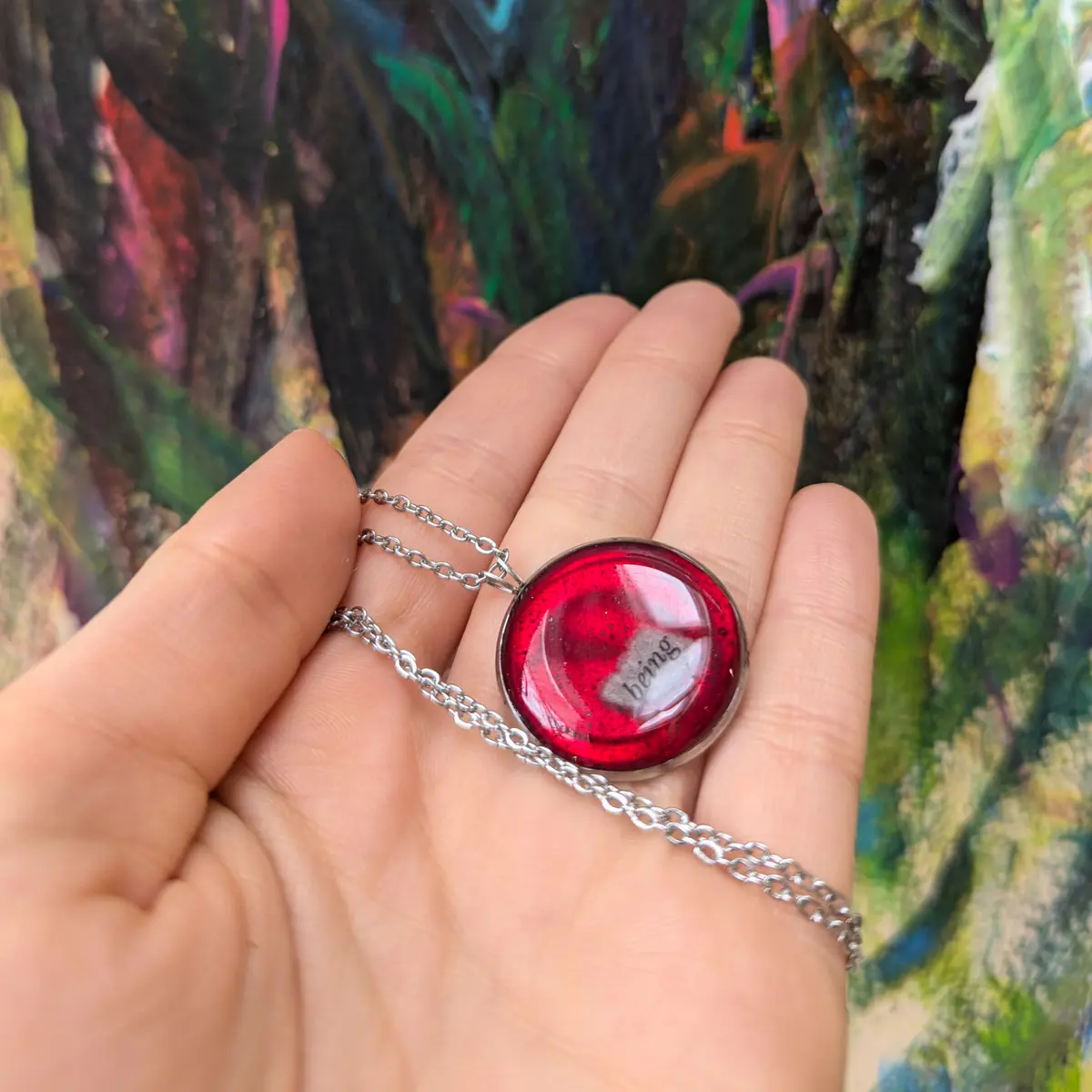 Resin stainless steel pendant necklace red