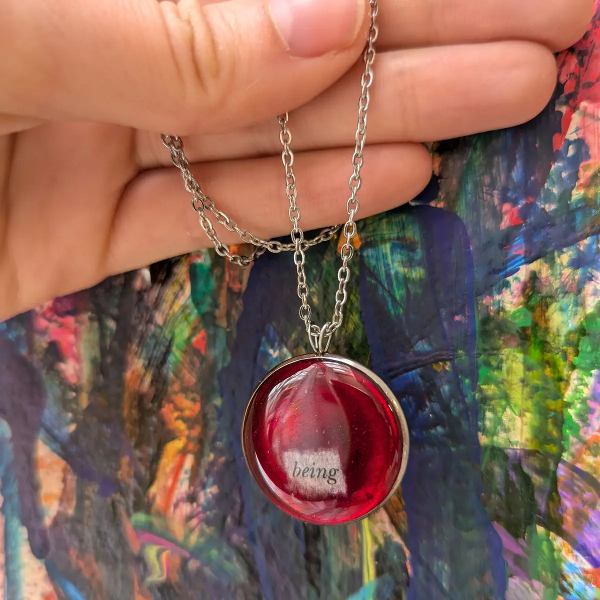 Resin stainless steel pendant necklace red