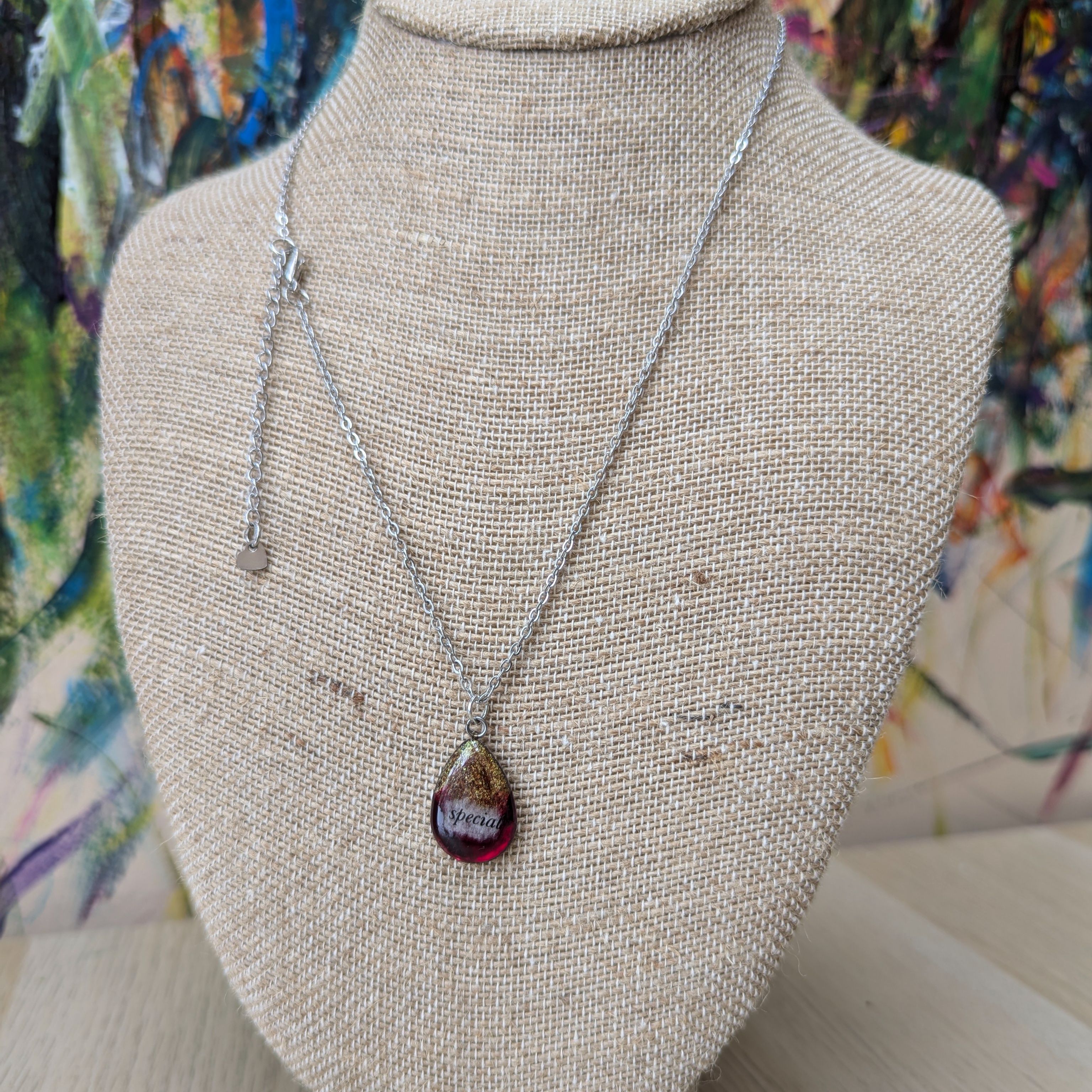 Resin stainless steel pendant necklace red