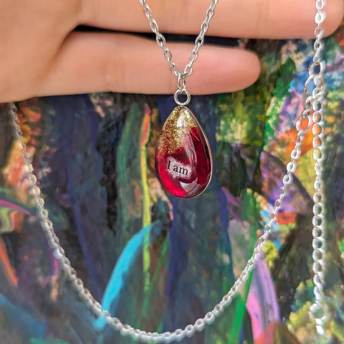 Resin stainless steel pendant necklace red
