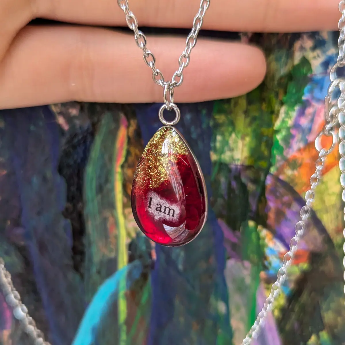 Resin stainless steel pendant necklace red