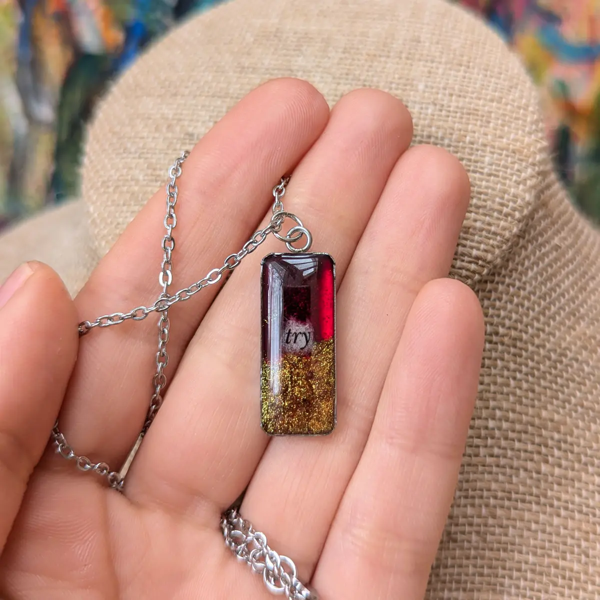 Resin stainless steel pendant necklace red
