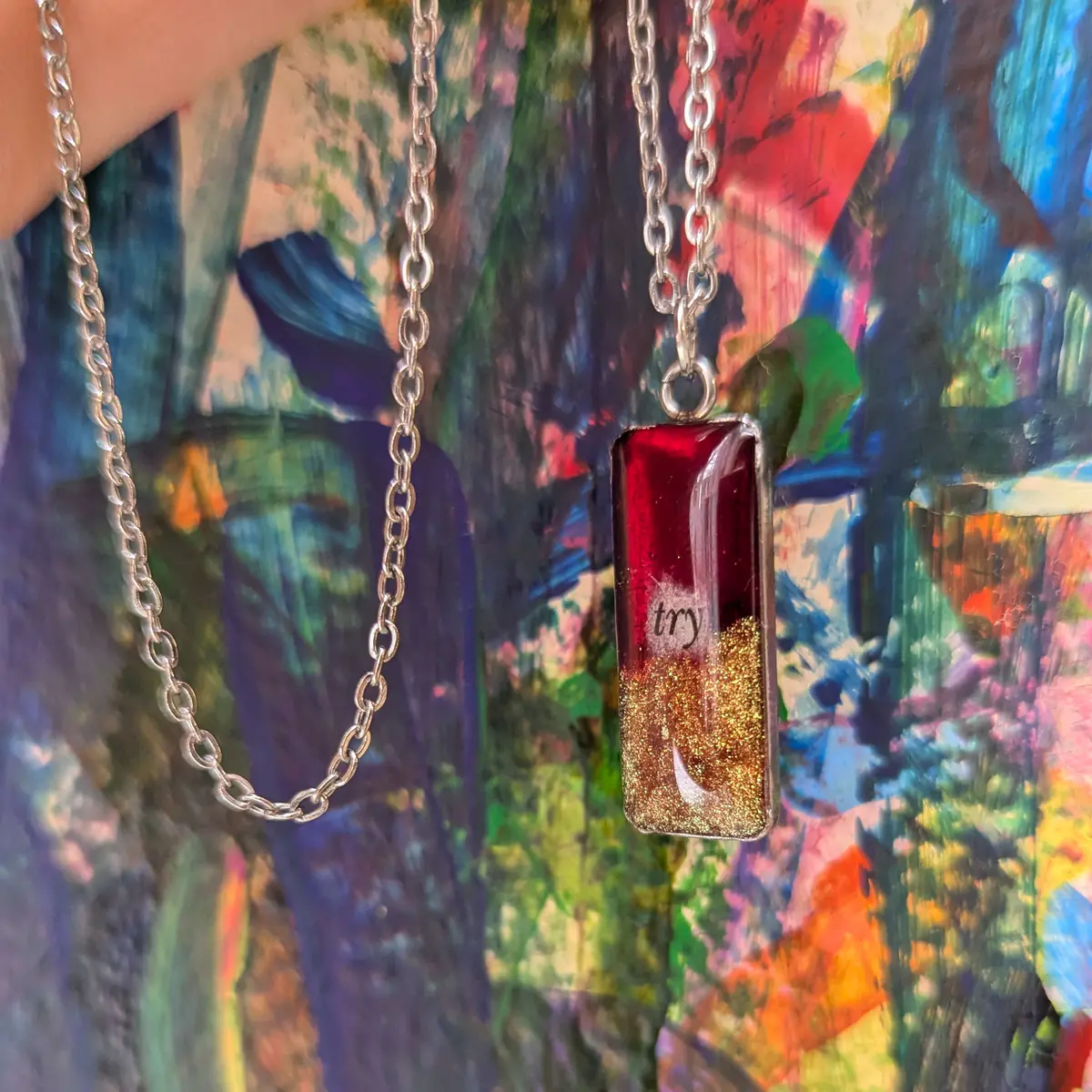 Resin stainless steel pendant necklace red