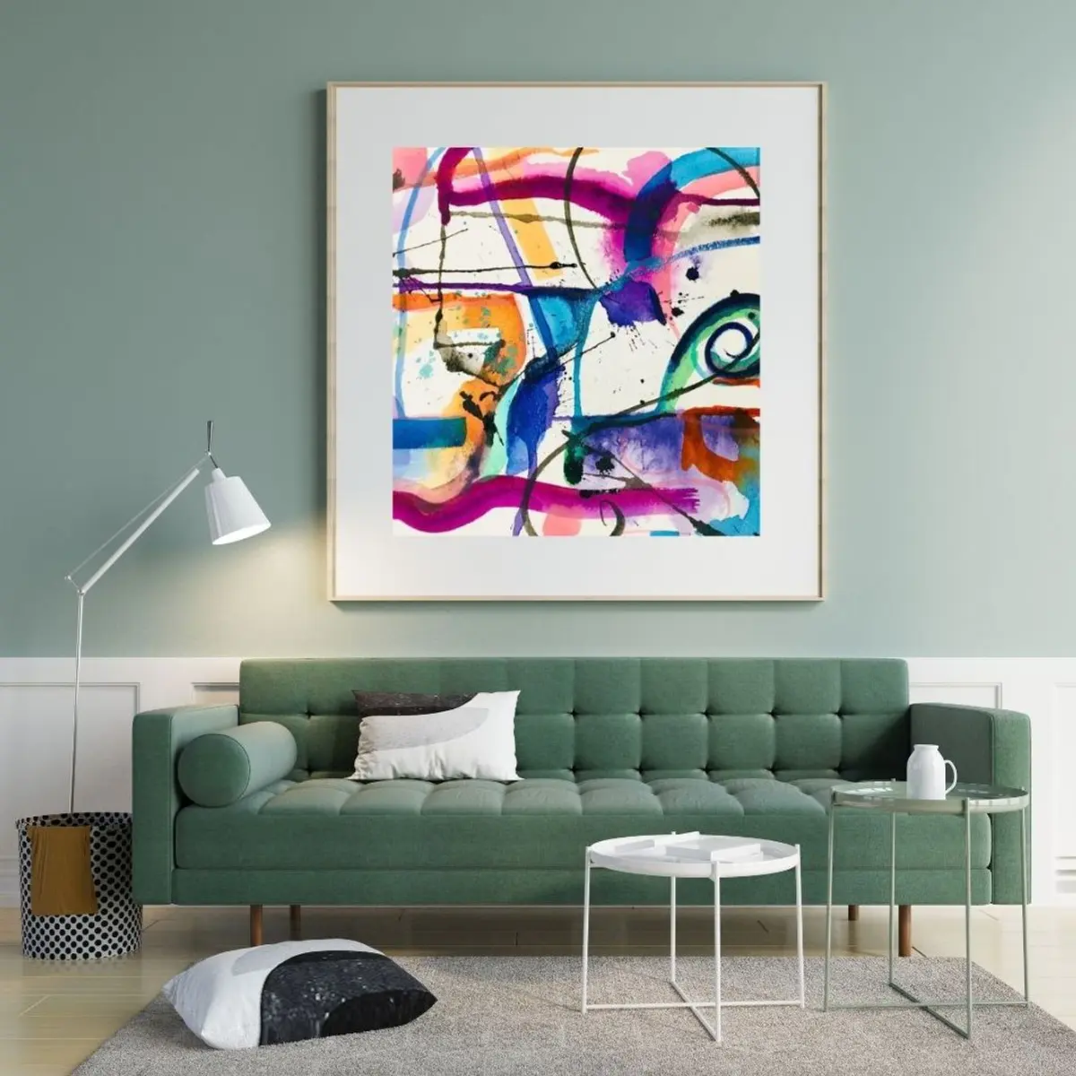 An abstract water colour wall art displayed in a living room