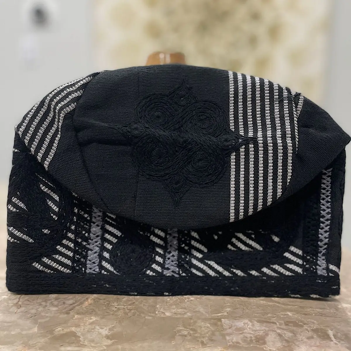 Black coloured Aso Oke embroided cap