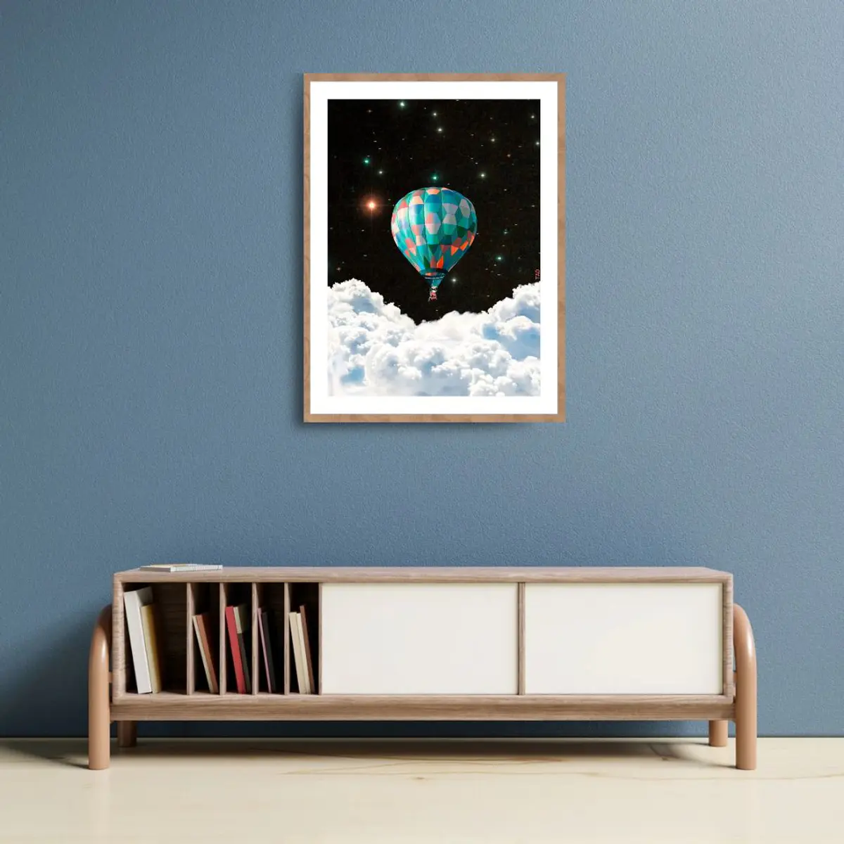 Floating air balloon in space digital collage 