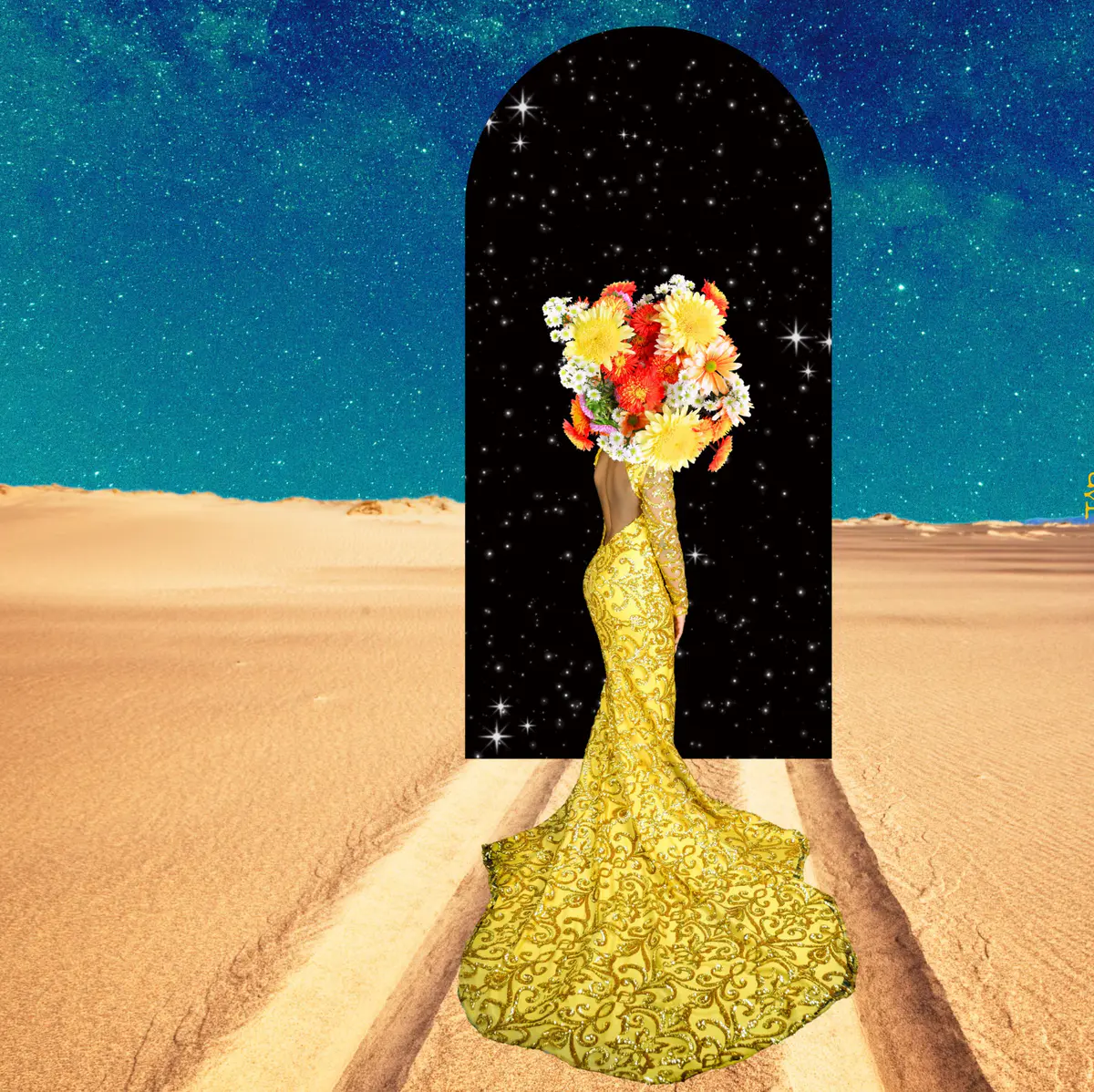 Surreal woman in gold digital art collage 