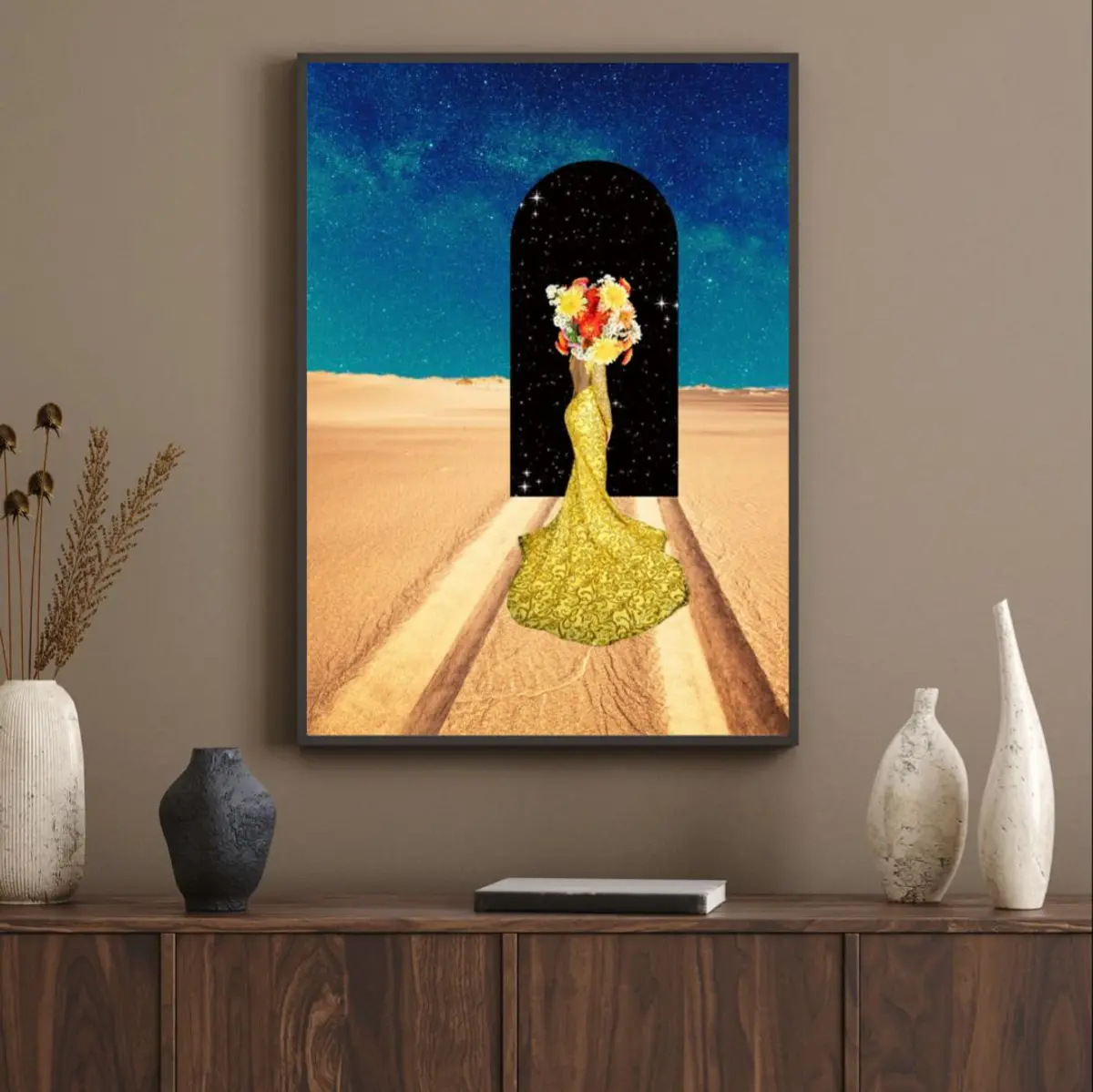 Surreal woman in gold digital art collage 