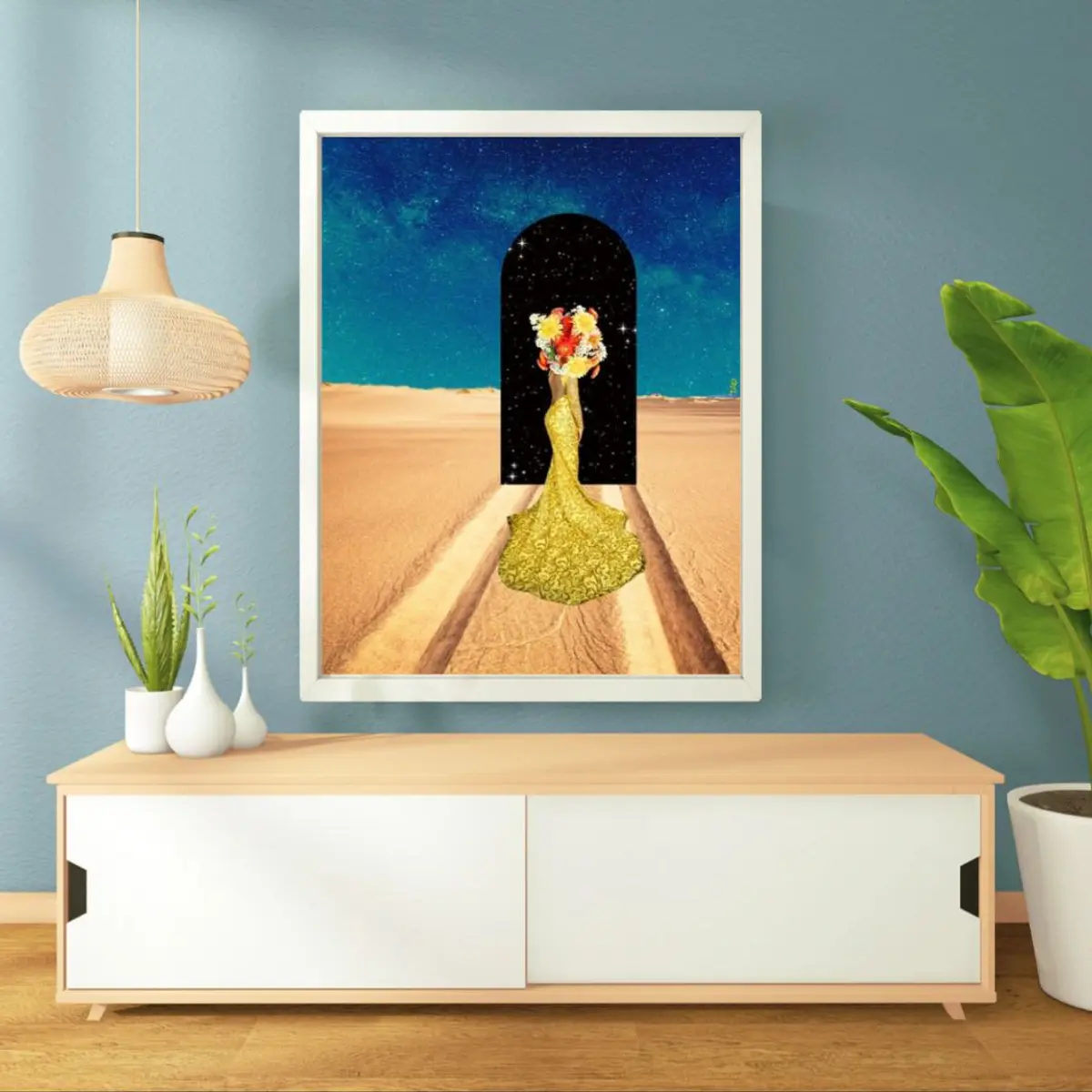 Surreal woman in gold digital art collage 