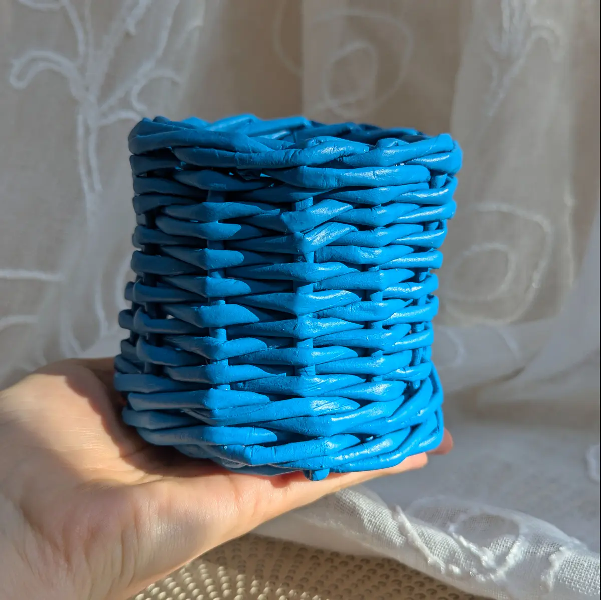 Small woven handmade recycled paper storage basket 