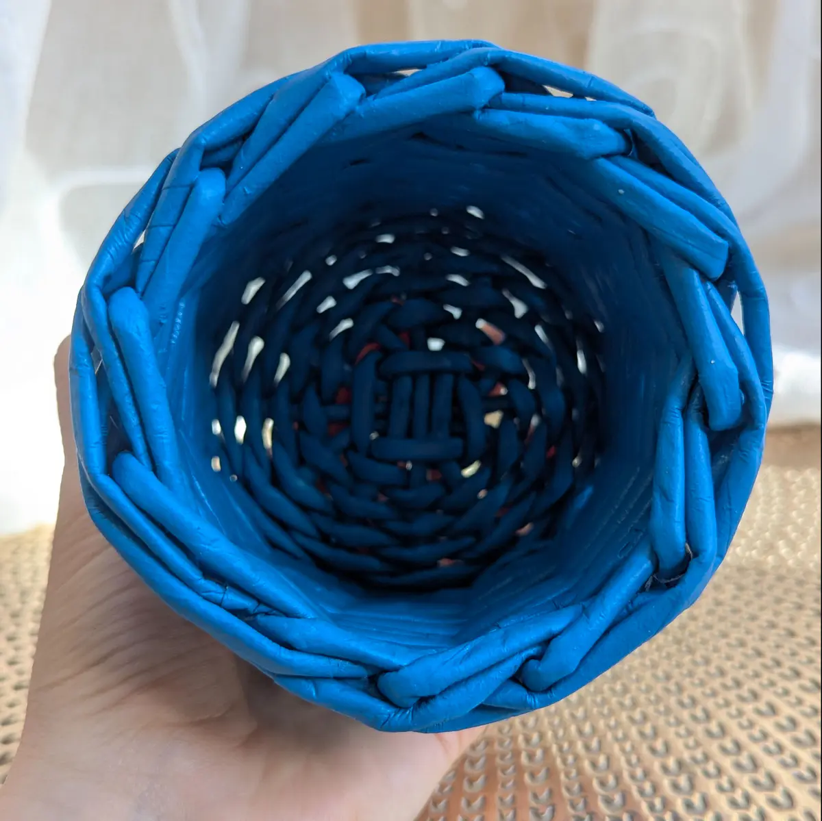 Small woven handmade recycled paper storage basket 