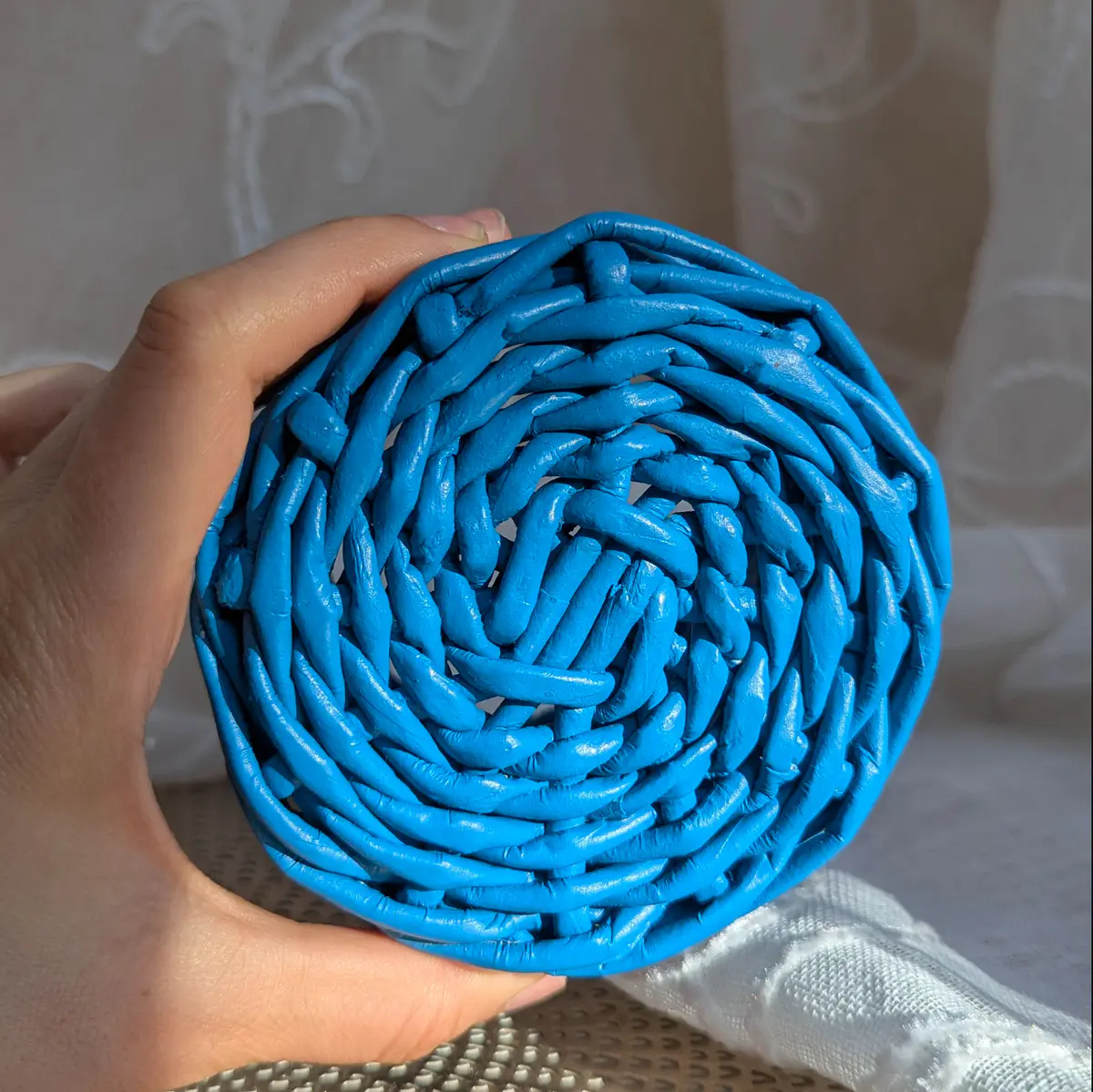 Small woven handmade recycled paper storage basket 