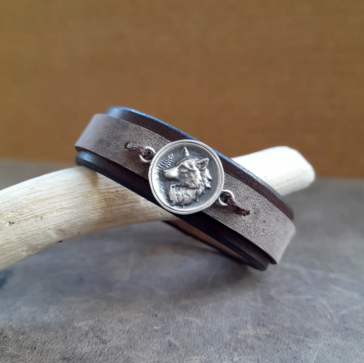 Handmade Leather Bracelet for Men, featuring a Sterling Silver Wolf Pendant