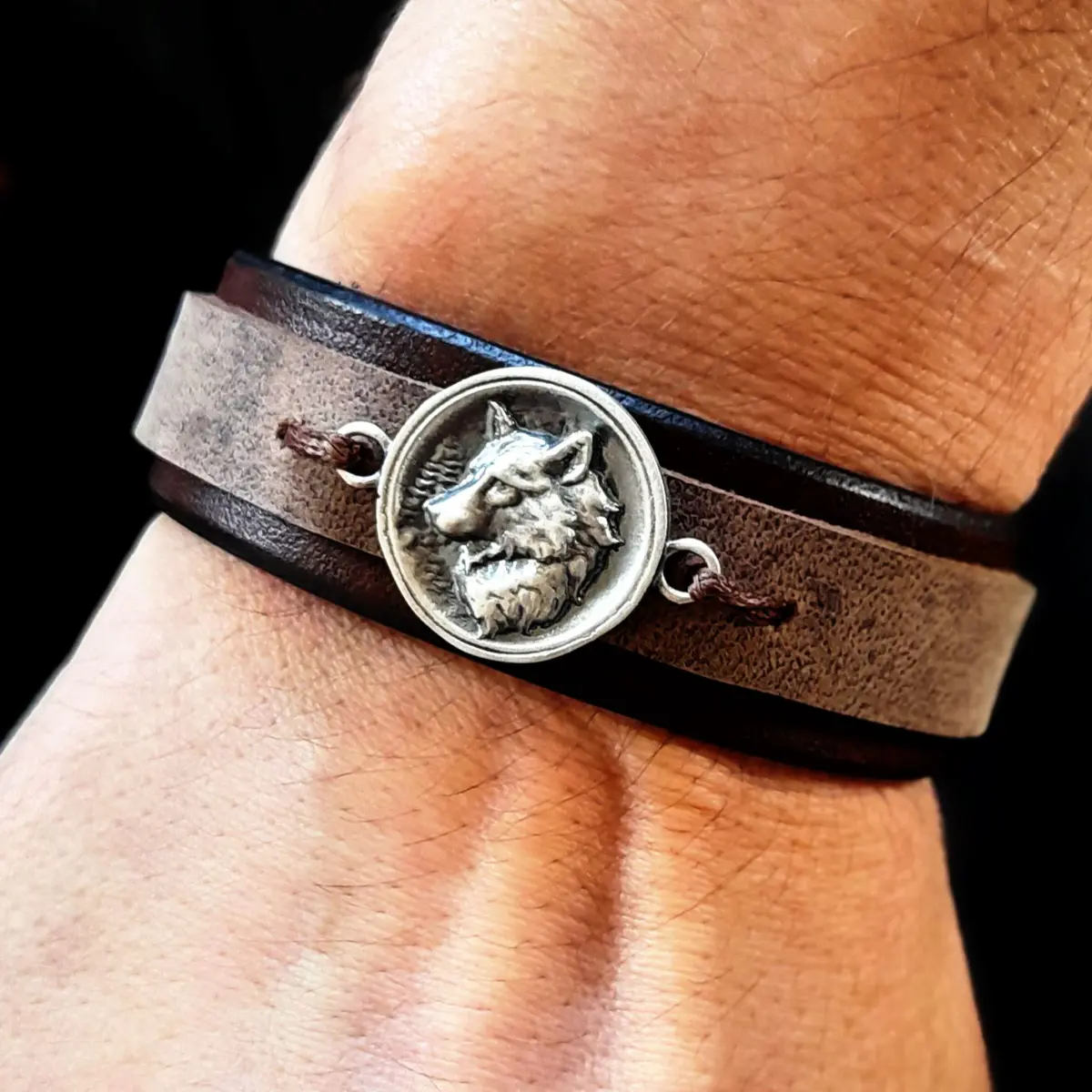 Handmade Leather Bracelet for Men, featuring a Sterling Silver Wolf Pendant