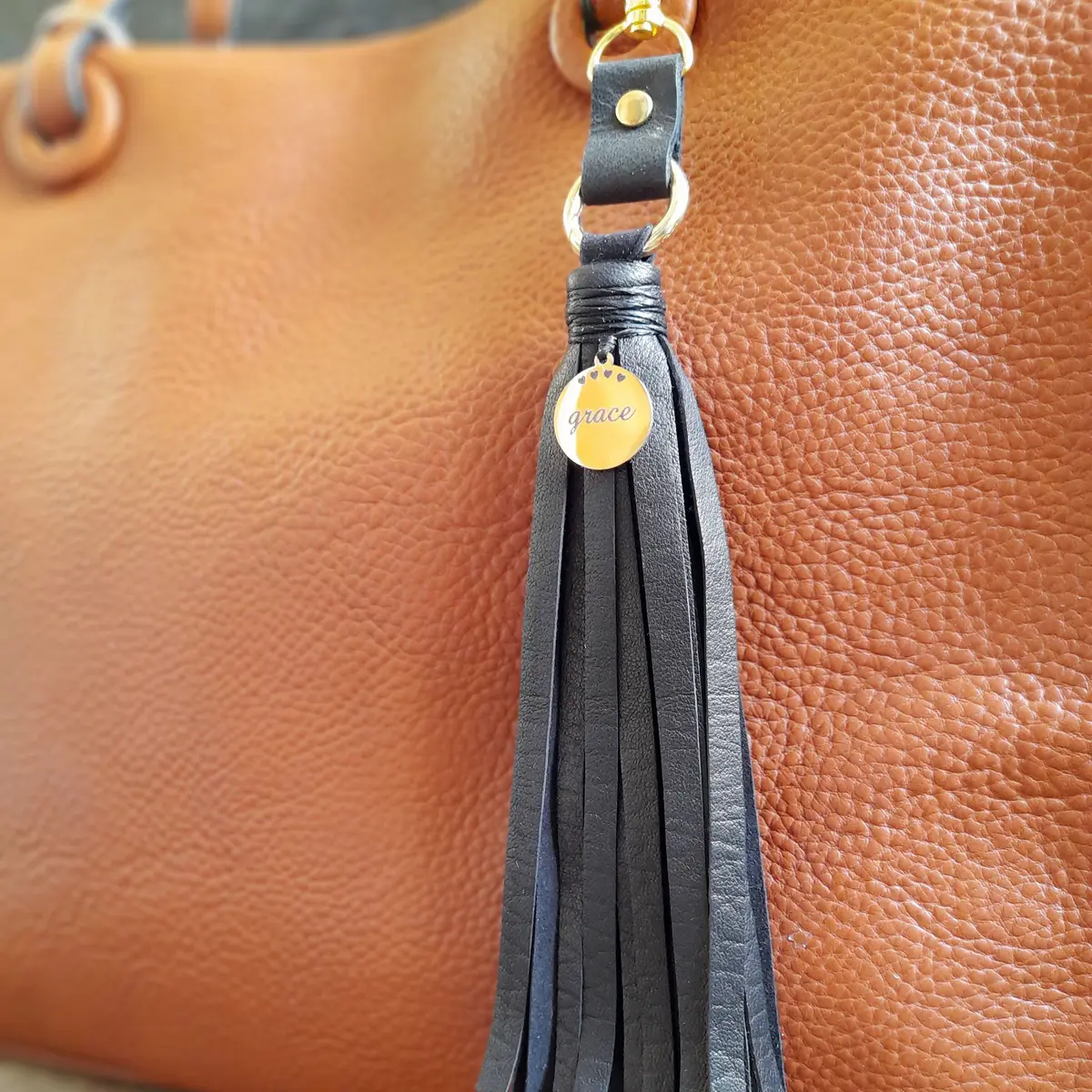 Handmade Leather Tassel Bag Charm with Gold Stainless Steel Grace Pendant