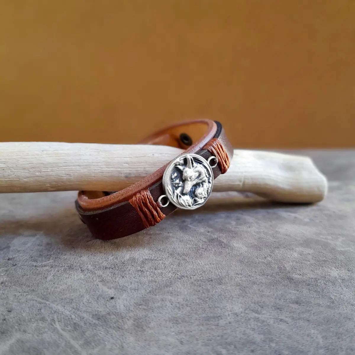 Handmade Leather Bracelet with Arctic Fox Pendant