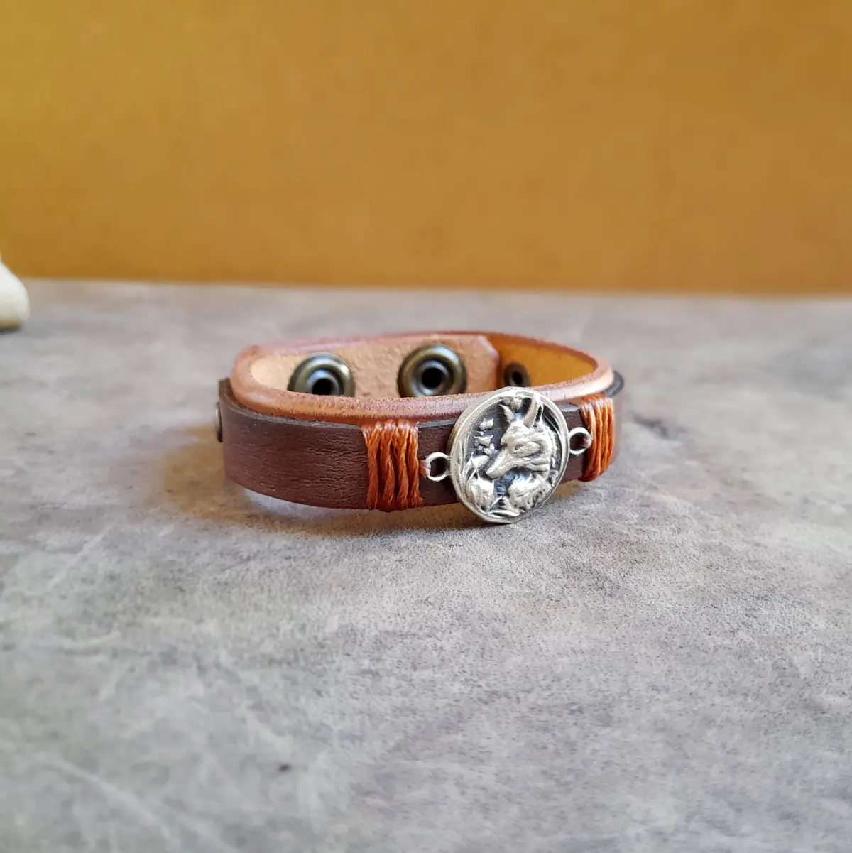 Handmade Leather Bracelet with Arctic Fox Pendant