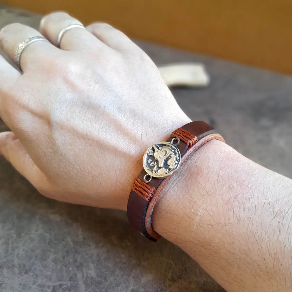 Handmade Leather Bracelet with Arctic Fox Pendant