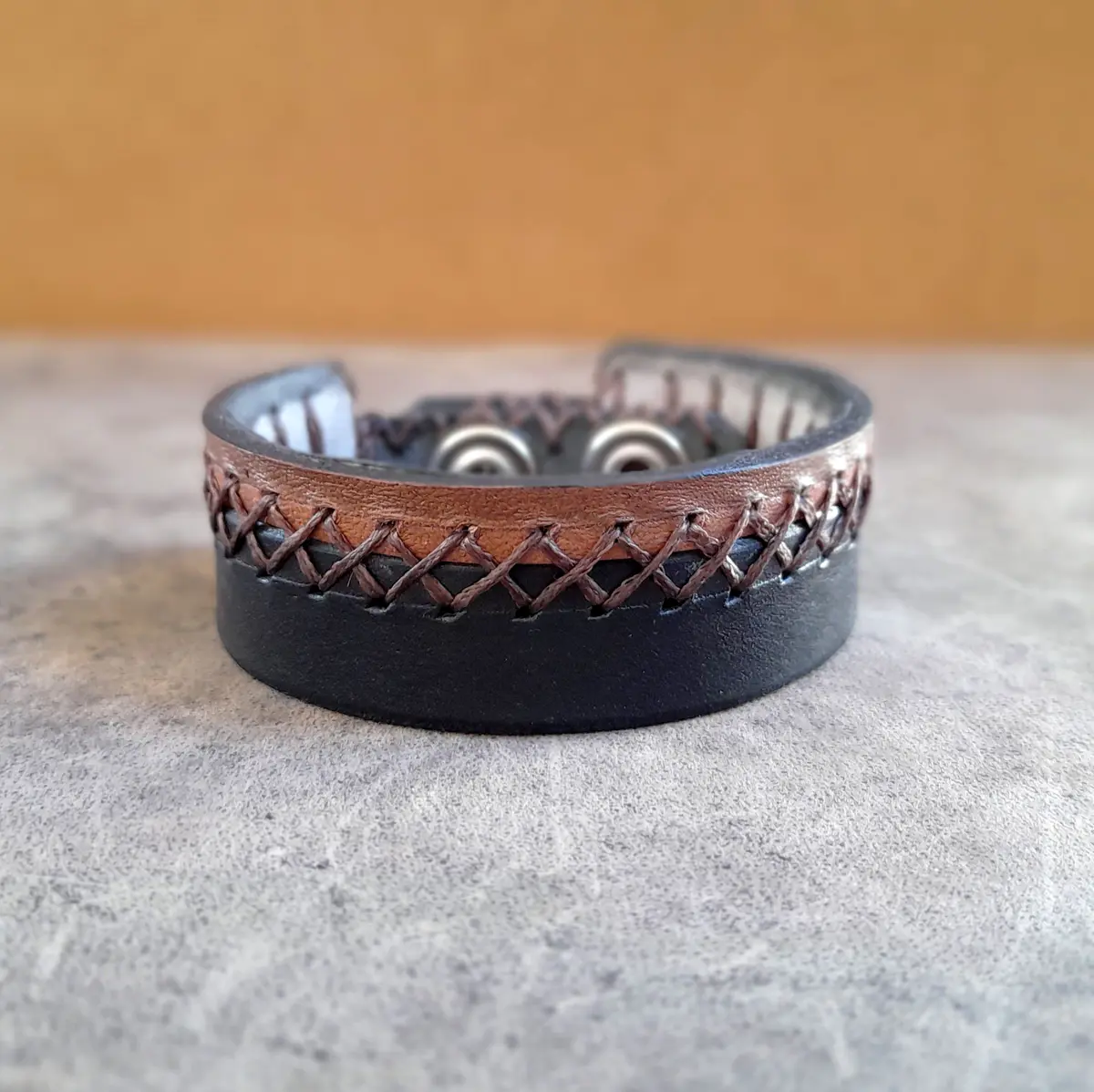 Black Brown Rugged Leather Cuff for Men, Hand Stitched