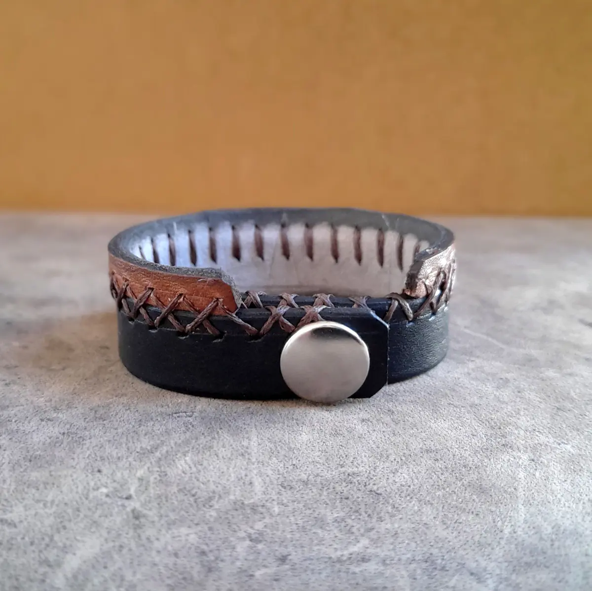 Black Brown Rugged Leather Cuff for Men, Hand Stitched