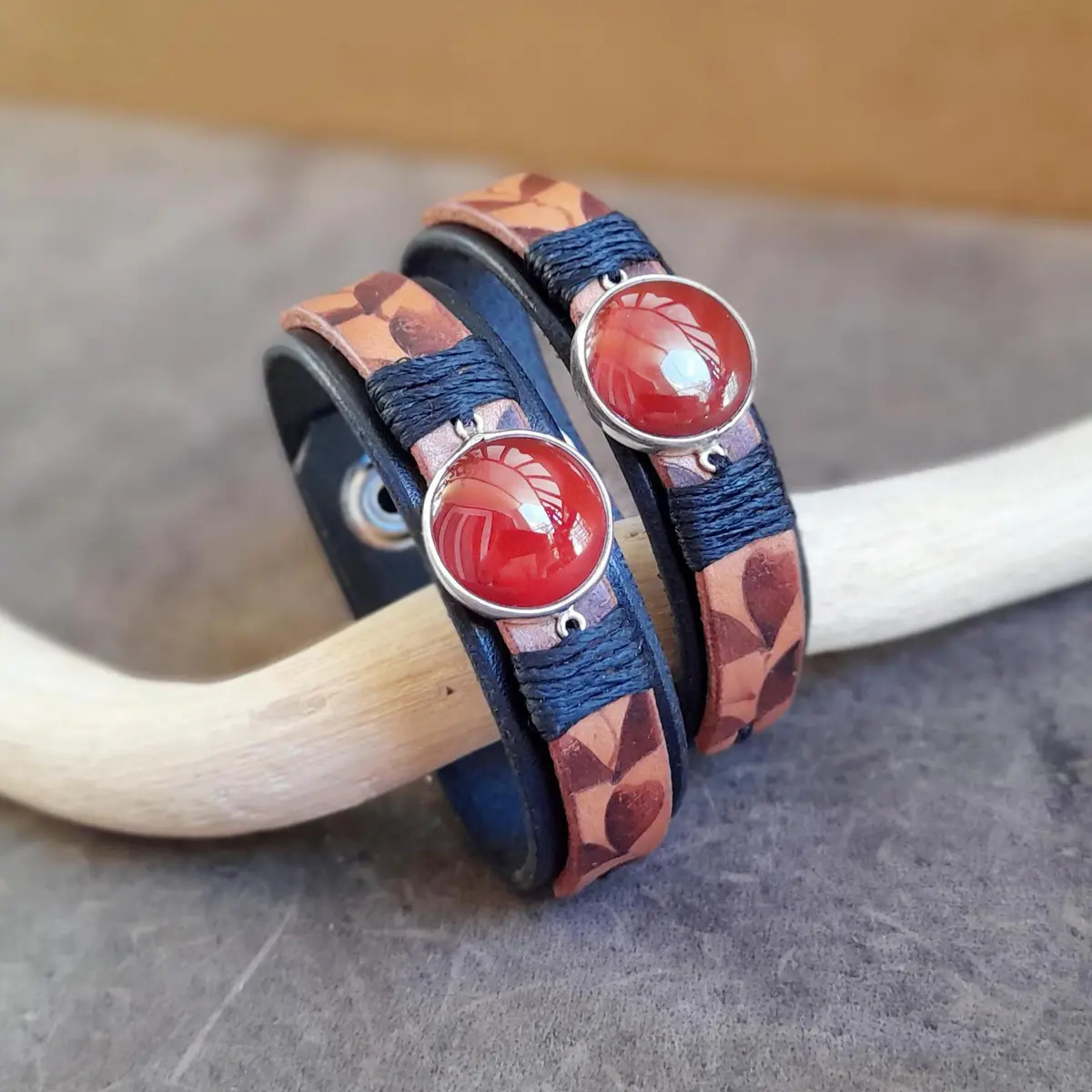 Handmade Black Brown Leather Cuff Bracelet with Sterling Silver Red Carnelian Pendant