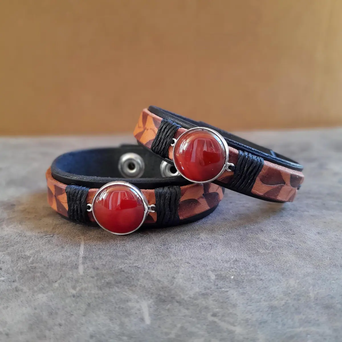 Handmade Black Brown Leather Cuff Bracelet with Sterling Silver Red Carnelian Pendant
