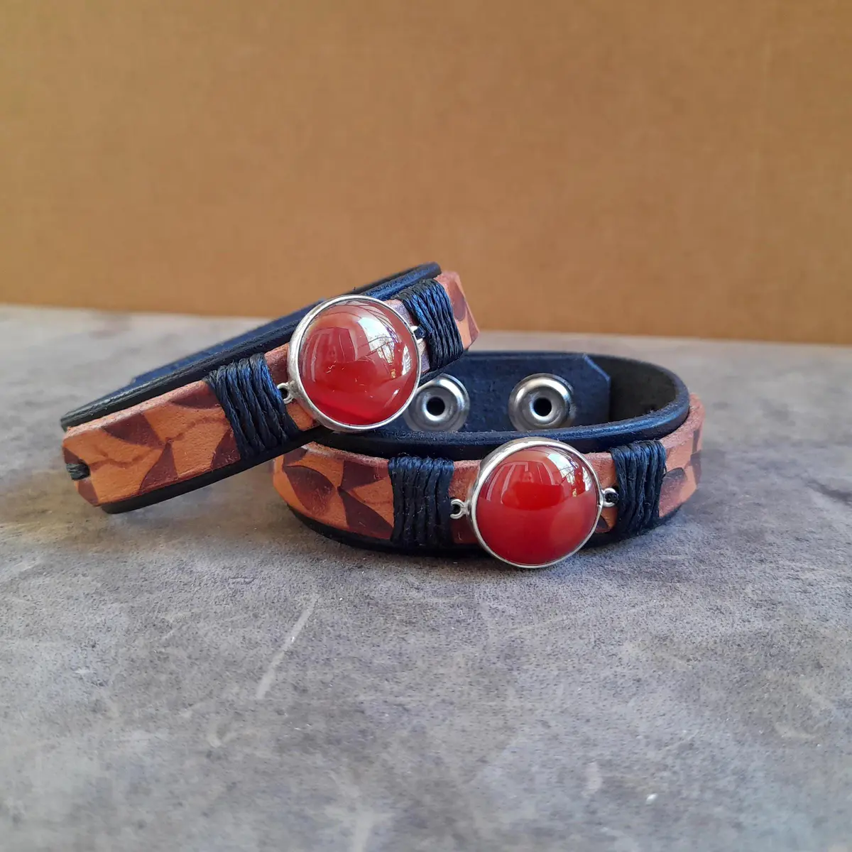 Handmade Black Brown Leather Cuff Bracelet with Sterling Silver Red Carnelian Pendant